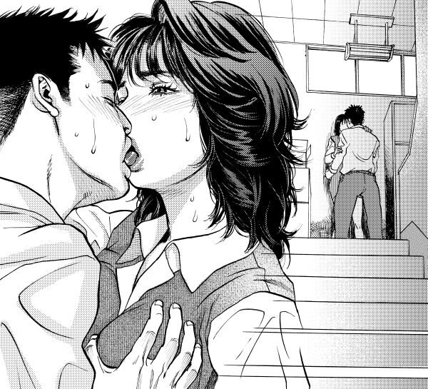 kishizuka kenji, original, bad id, bad pixiv id, 1boy, 1girl, breasts, dithering, french kiss, grabbing another's breast, greyscale, groping, hetero, kiss, large breasts, monochrome, office lady, screentones