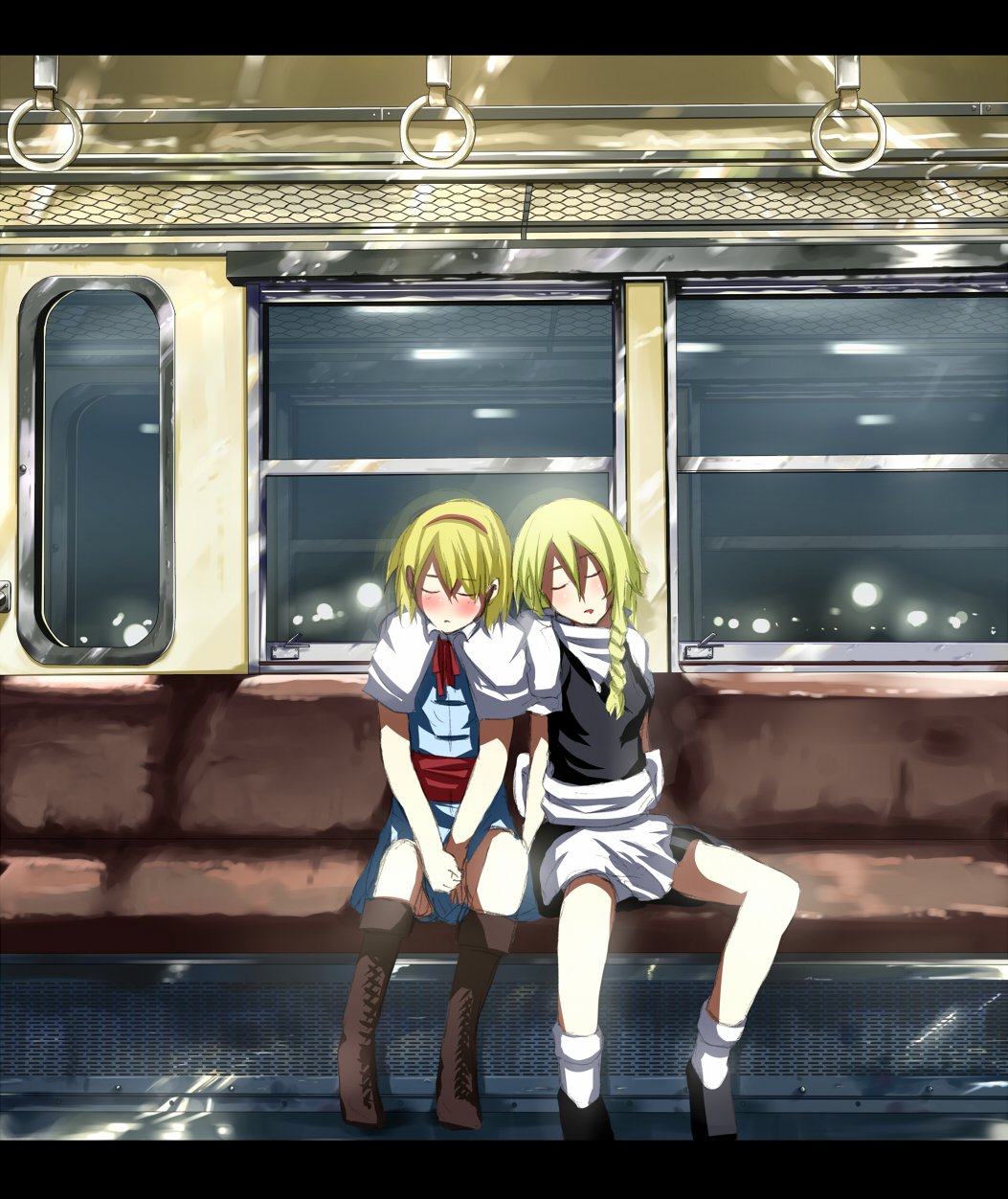 ryouma (galley), alice margatroid, kirisame marisa, touhou, bad id, bad pixiv id, highres, 2girls, blonde hair, blush, boots, braid, closed eyes, female focus, knee boots, multiple girls, night, sitting, sleeping, sleeping upright, train, train interior