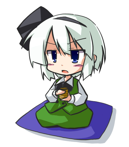 igarashi amura, konpaku youmu, touhou, bad id, bad pixiv id, 1girl, blue eyes, chibi, female focus, full body, short hair, sitting, skirt, solo, tea, white background, white hair