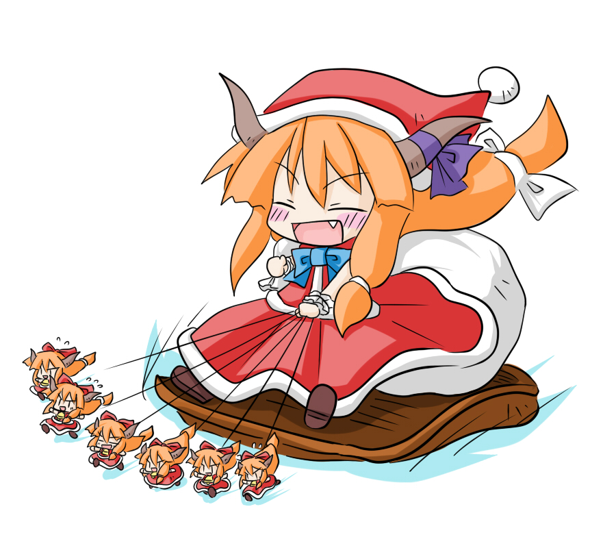 yanagi (nurikoboshi), ibuki suika, touhou, 6+girls, chibi, christmas, clone, fang, female focus, horns, long hair, mini person, minigirl, multiple girls, santa costume, simple background, sled