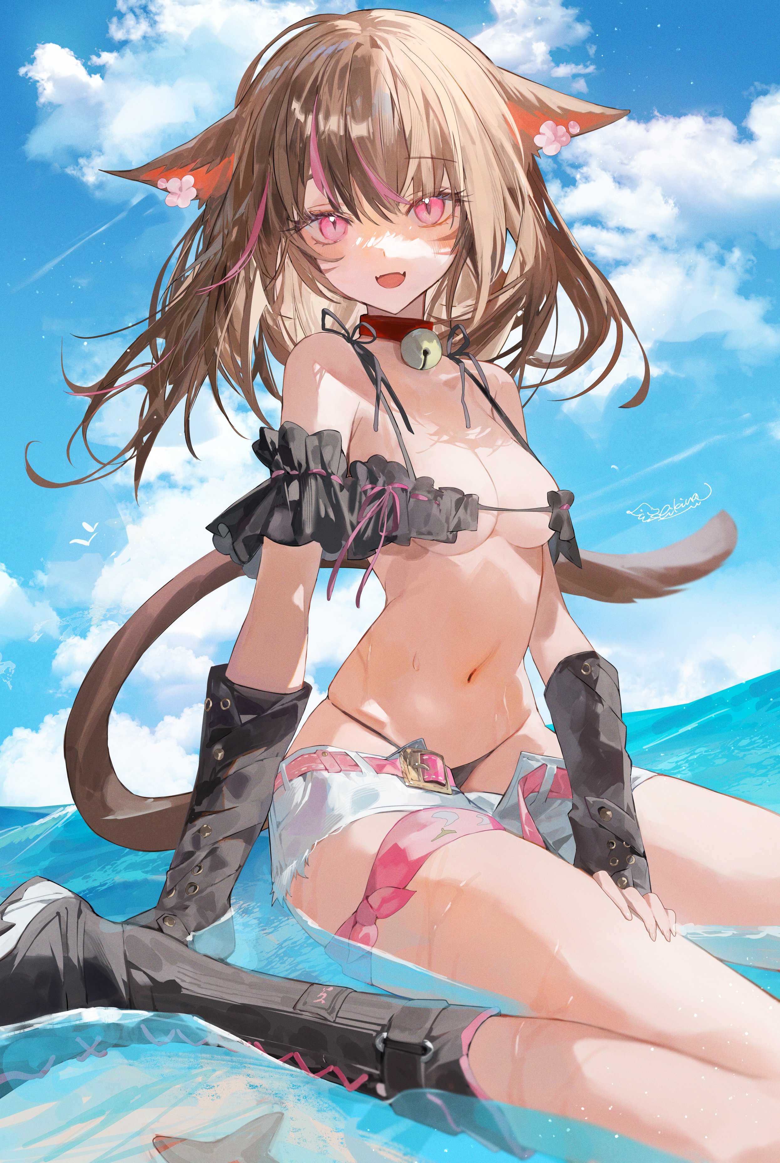 shikina (mochigushi ), warrior of light (ff14), final fantasy, final fantasy xiv, original, absurdres, commission, highres, 1girl, animal ears, bare shoulders, bell, bikini, black bikini, black boots, boots, breasts, brown hair, cat ears, cat girl, cat tail, choker, cleavage, facial mark, fangs, jingle bell, knee boots, looking at viewer, medium hair, micro shorts, miqo'te, multicolored hair, navel, open clothes, open mouth, open shorts, pink eyes, red choker, shorts, skindentation, small breasts, smile, solo, stomach, streaked hair, string bikini, swimsuit, tail, thighs, wet, white shorts