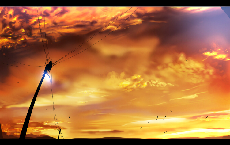 ryouma (galley), bad id, bad pixiv id, cloud, letterboxed, no humans, power lines, scenery, sky, sunset