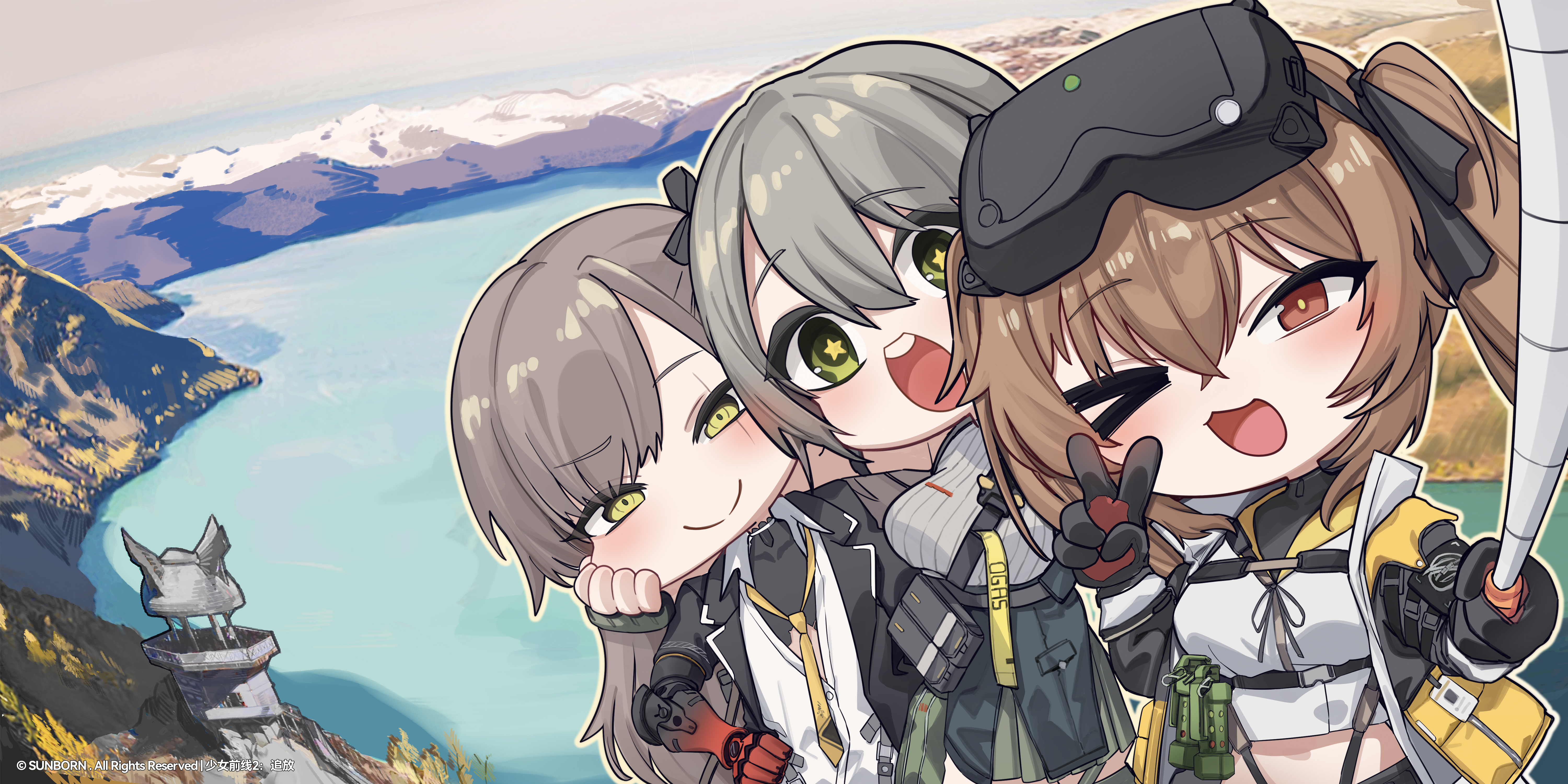 ump40 (girls' frontline), ump45 (girls' frontline), ump9 (girls' frontline), girls' frontline, girls' frontline 2: exilium, absurdres, bad link, highres, official art, 3girls, blush, brown hair, green eyes, lake, long hair, mountain, multiple girls, open mouth, shirt, smile, twintails, white shirt, xinjiang, yellow eyes