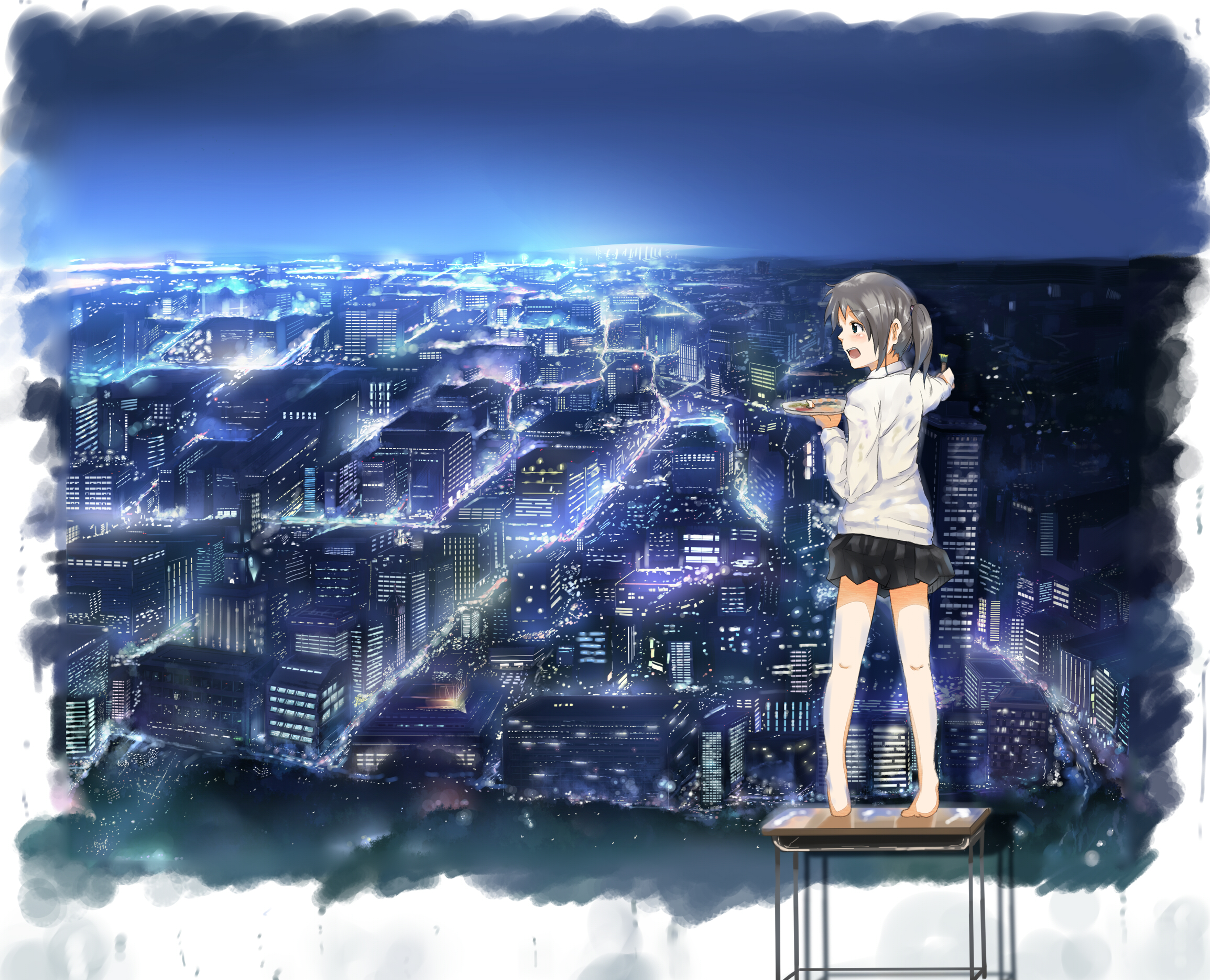 ryouma (galley), original, bad id, bad pixiv id, highres, art brush, city, cityscape, grey hair, paint, paint palette, paintbrush, painting (action), scenery, skirt, solo, standing, twintails
