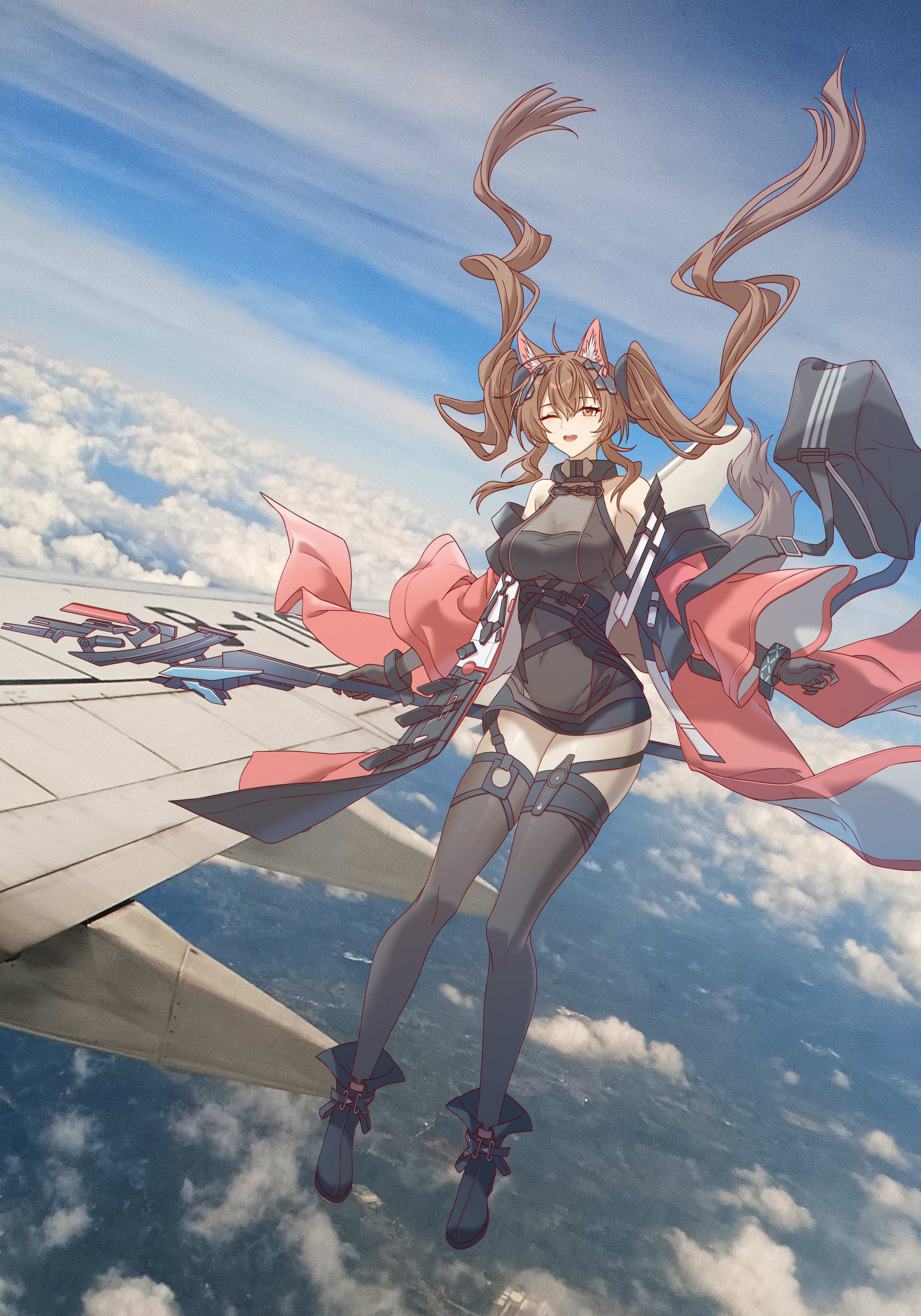 innoarukugyou, angelina (arknights), gilberta (arknights), infection monitor (arknights), arknights, arknights: endfield, absurdres, commentary, highres, symbol-only commentary, 1girl, :d, airplane wing, animal ears, bag, bare shoulders, belt, black bag, black boots, black gloves, black thighhighs, boots, breasts, brown hair, chromatic aberration, cloud, coat, covered navel, dress, elbow gloves, film grain, floating, floor, fold-over boots, fox ears, fox girl, gloves, grey dress, hair between eyes, headgear, high belt, high up, holding, holding staff, impossible clothes, impossible dress, levitation, long hair, long sleeves, looking at viewer, medium breasts, messenger bag, no tail, off shoulder, one eye closed, open clothes, open coat, open mouth, orange eyes, photo background, red coat, shoulder bag, smile, solo, staff, teeth, thighhighs, thighs, tight clothes, tight dress, twintails, two-sided coat, two-sided fabric, upper teeth only, white coat, zettai ryouiki