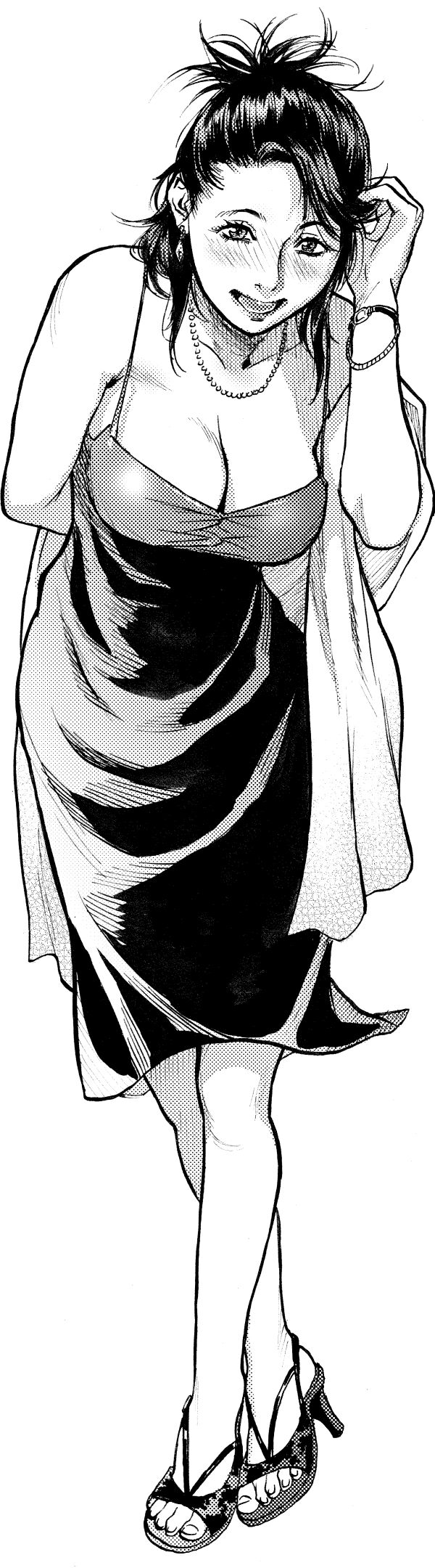kishizuka kenji, bad id, bad pixiv id, highres, long image, tall image, 1girl, adjusting hair, artistic error, blush, bracelet, breasts, cleavage, dithering, dress, female focus, greyscale, halftone, high heel sandals, high heels, jewelry, large breasts, leaning forward, mature female, monochrome, sandals, screentones, shoes, solo