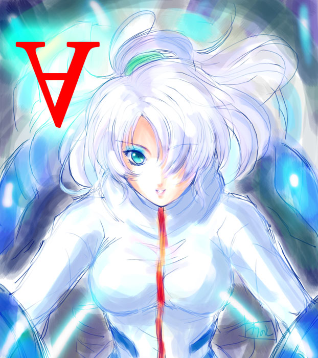 laura rolla, loran cehack, gundam, turn a gundam, pilot suit, 1girl, blue eyes, bodysuit, breasts, eyelashes, genderswap, genderswap (mtf), hair over one eye, large breasts, ponytail, white hair