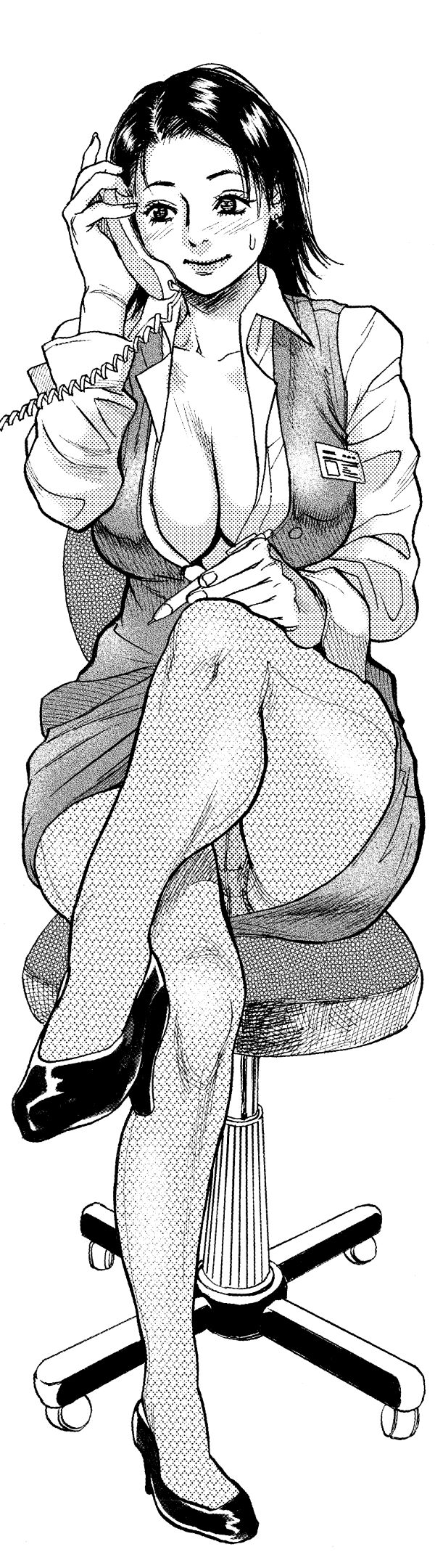 kishizuka kenji, original, bad id, bad pixiv id, highres, long image, tall image, 1girl, breasts, chair, cleavage, crossed legs, crotch seam, dithering, female focus, greyscale, halftone, large breasts, monochrome, office lady, panties, panties under pantyhose, pantyhose, pantyshot, pencil skirt, phone, screentones, sitting, skirt, solo, underwear, upskirt