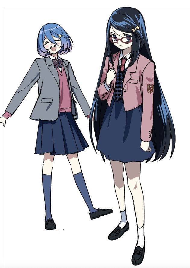 ningiyau, original, 2girls, black hair, black skirt, black vest, blue hair, blue thighhighs, bow, bowtie, closed eyes, collared shirt, gradient hair, grey jacket, hair bow, hair ornament, hairclip, jacket, long hair, long sleeves, looking at viewer, multicolored hair, multiple girls, necktie, open clothes, open jacket, open mouth, pink vest, purple hair, red-framed eyewear, red jacket, red necktie, shirt, simple background, skirt, socks, star (symbol), star hair ornament, teeth, thighhighs, upper teeth only, very long hair, vest, white background, white shirt, white socks