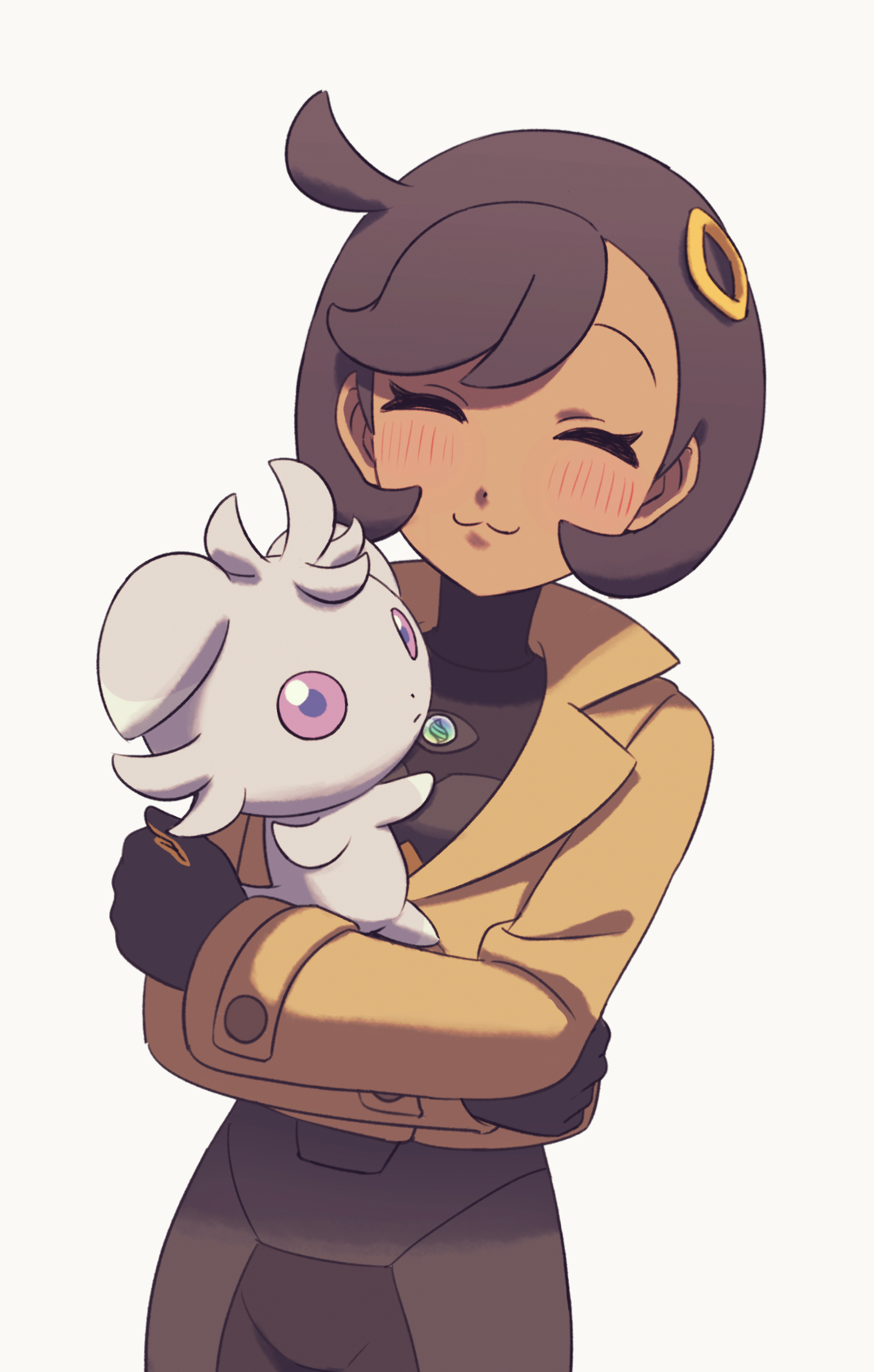 feiyang02, emma (pokemon), espurr, nintendo, pokemon, pokemon legends: z-a, absurdres, highres, 1girl, :3, black bodysuit, black hair, blush, bodysuit, bodysuit under clothes, breasts, brown jacket, closed eyes, closed mouth, dark-skinned female, dark skin, gen 6 pokemon, gloves, hair ornament, holding, holding pokemon, jacket, mega stone, pokemon (creature), purple eyes, short hair, simple background, smile, white background