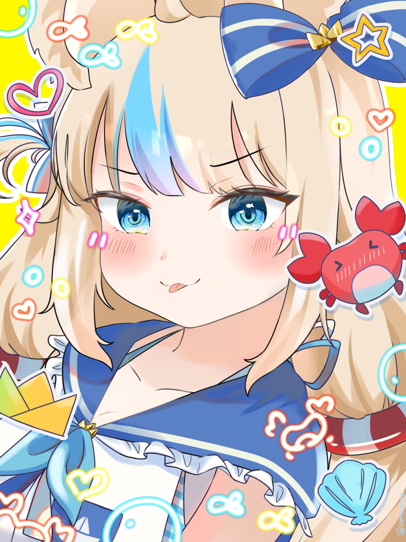 iamurnae, kaniki (sameko saba), sameko saba, indie virtual youtuber, highres, 1girl, animal ears, blonde hair, blue eyes, blue hair, blush, bow, cat ears, hair bow, lifebuoy hair ornament, long hair, low twintails, multicolored hair, portrait, smile, tongue, tongue out, twintails, twitter username, two-tone hair, virtual youtuber, yellow background