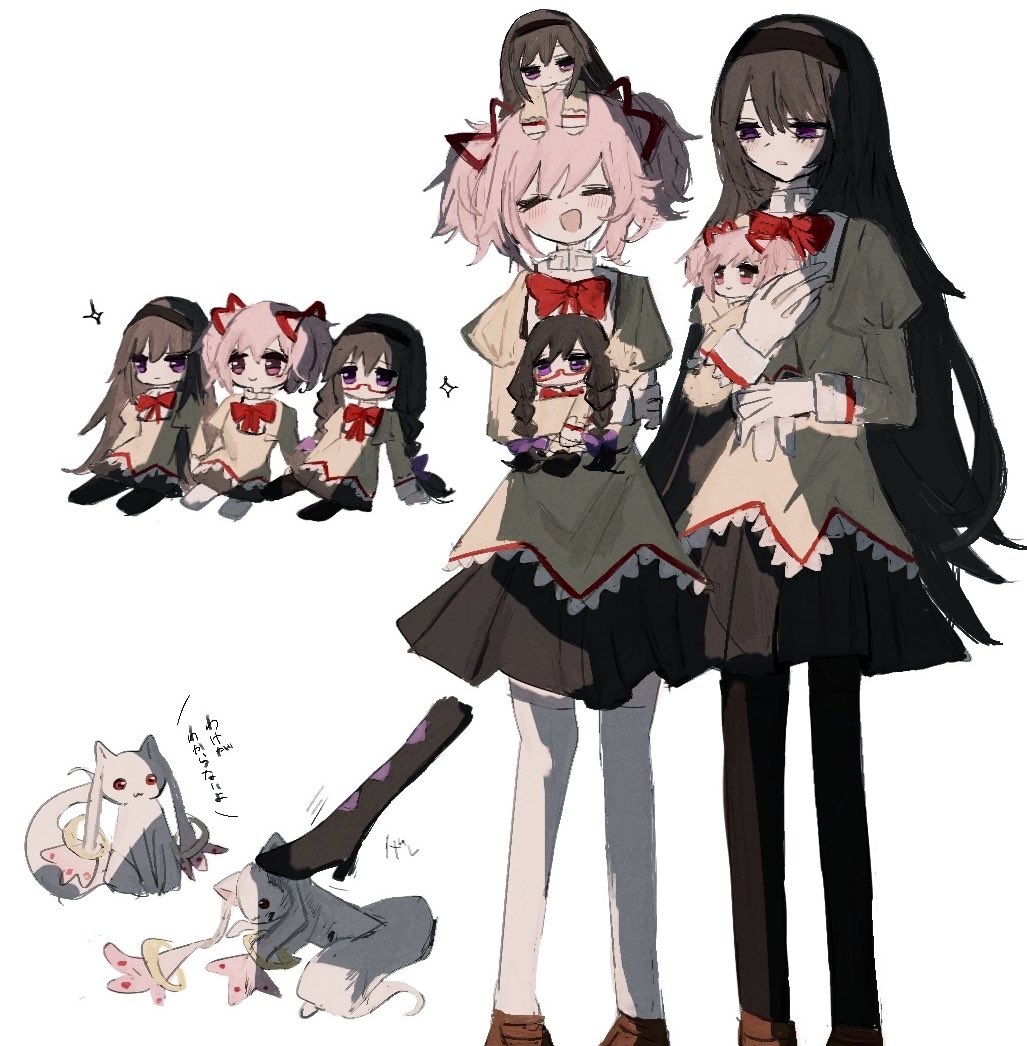 a umanee, akemi homura, kaname madoka, kyubey, mahou shoujo madoka magica, glasses, holding, holding stuffed toy, hugging doll, hugging object, magical girl, mitakihara school uniform, pink hair, school uniform, stepping on plush, stuffed toy, twintails, yuri