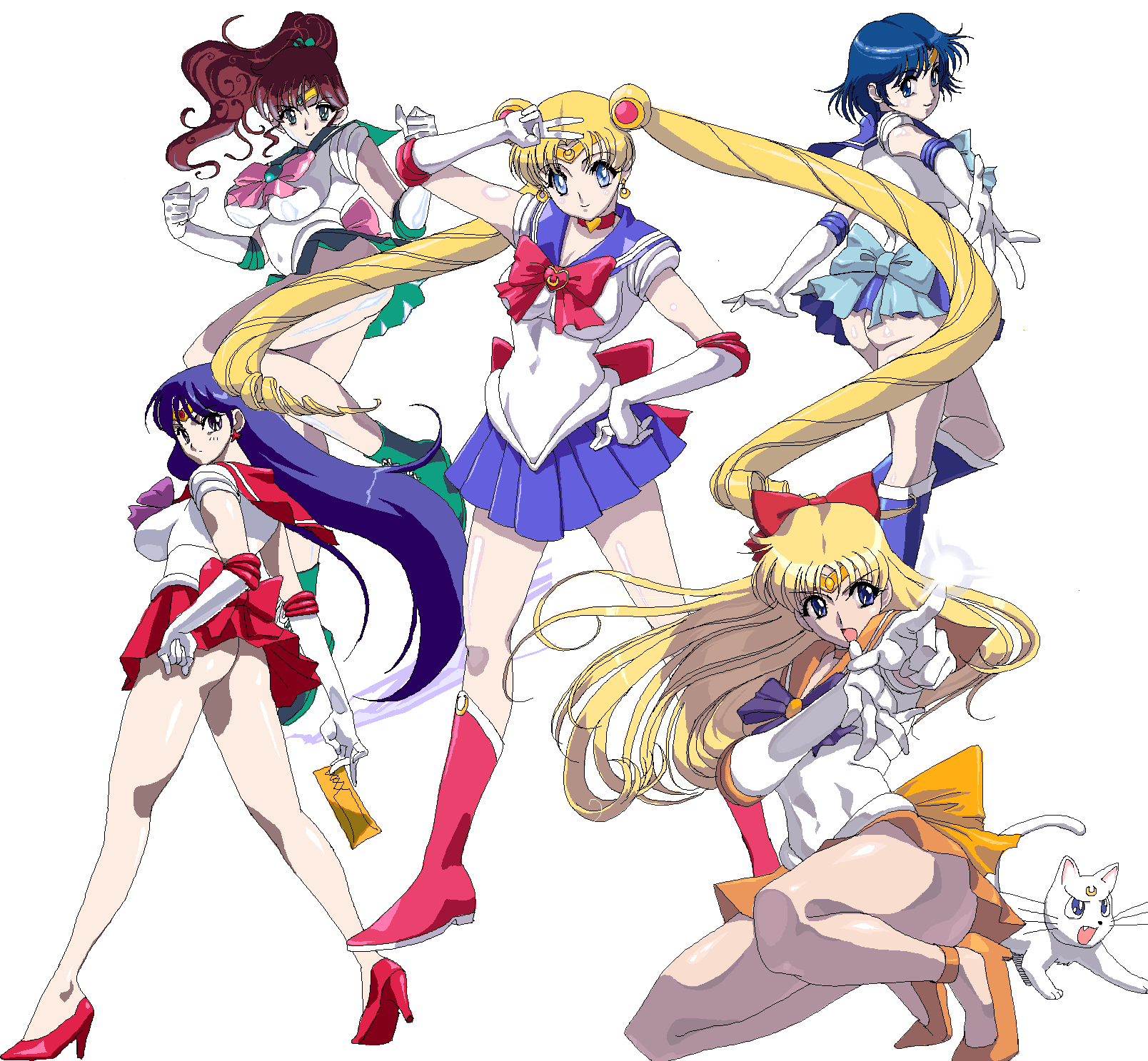 piyopiyomaru, aino minako, artemis (sailor moon), hino rei, kino makoto, mizuno ami, sailor jupiter, sailor mars, sailor mercury, sailor moon, sailor venus, tsukino usagi, bishoujo senshi sailor moon, bishoujo senshi sailor moon s, blue footwear, highres, 1990s (style), 5girls, ass, black hair, blonde hair, blue hair, blue sailor collar, blue skirt, boots, bow, brown hair, cat, crescent, crescent facial mark, double bun, earrings, elbow gloves, facial mark, gloves, green boots, green skirt, hair bobbles, hair bow, hair bun, hair ornament, high heels, inner senshi, jewelry, knee boots, long hair, magical girl, multiple girls, no panties, ofuda, orange bow, orange skirt, pink bow, ponytail, red bow, red skirt, retro artstyle, sailor collar, sailor senshi, shoes, short hair, skirt, tiara, twintails, white gloves