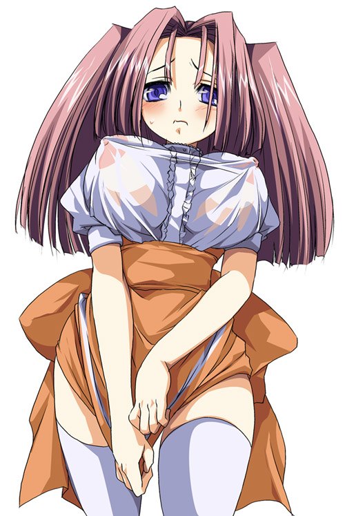 ichimai ugou, anna miller, original, 1girl, blush, breasts, cleavage, clothes pull, covered erect nipples, covering crotch, covering privates, embarrassed, female focus, large breasts, long hair, no bra, orange skirt, pink hair, purple eyes, see-through clothes, skirt, skirt pull, skirt tug, solo, sweatdrop, thighhighs, twintails, waitress, wet, wet clothes