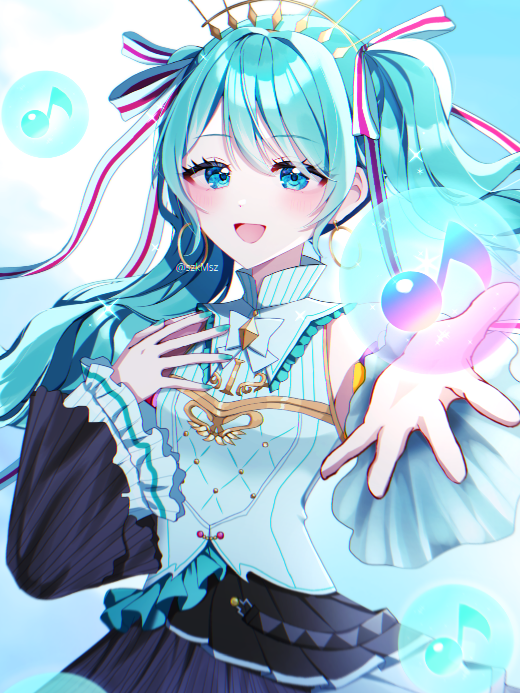 szmymsz, hatsune miku, project sekai, vocaloid, absurdres, highres, 1girl, aqua eyes, aqua hair, aqua nails, aqua shirt, black skirt, blush, breasts, earrings, hair ornament, hair ribbon, hand on own chest, hoop earrings, jewelry, long hair, looking at viewer, medium breasts, musical note, open mouth, pleated skirt, ribbon, shirt, skirt, sleeveless, sleeveless shirt, smile, solo, twintails, very long hair