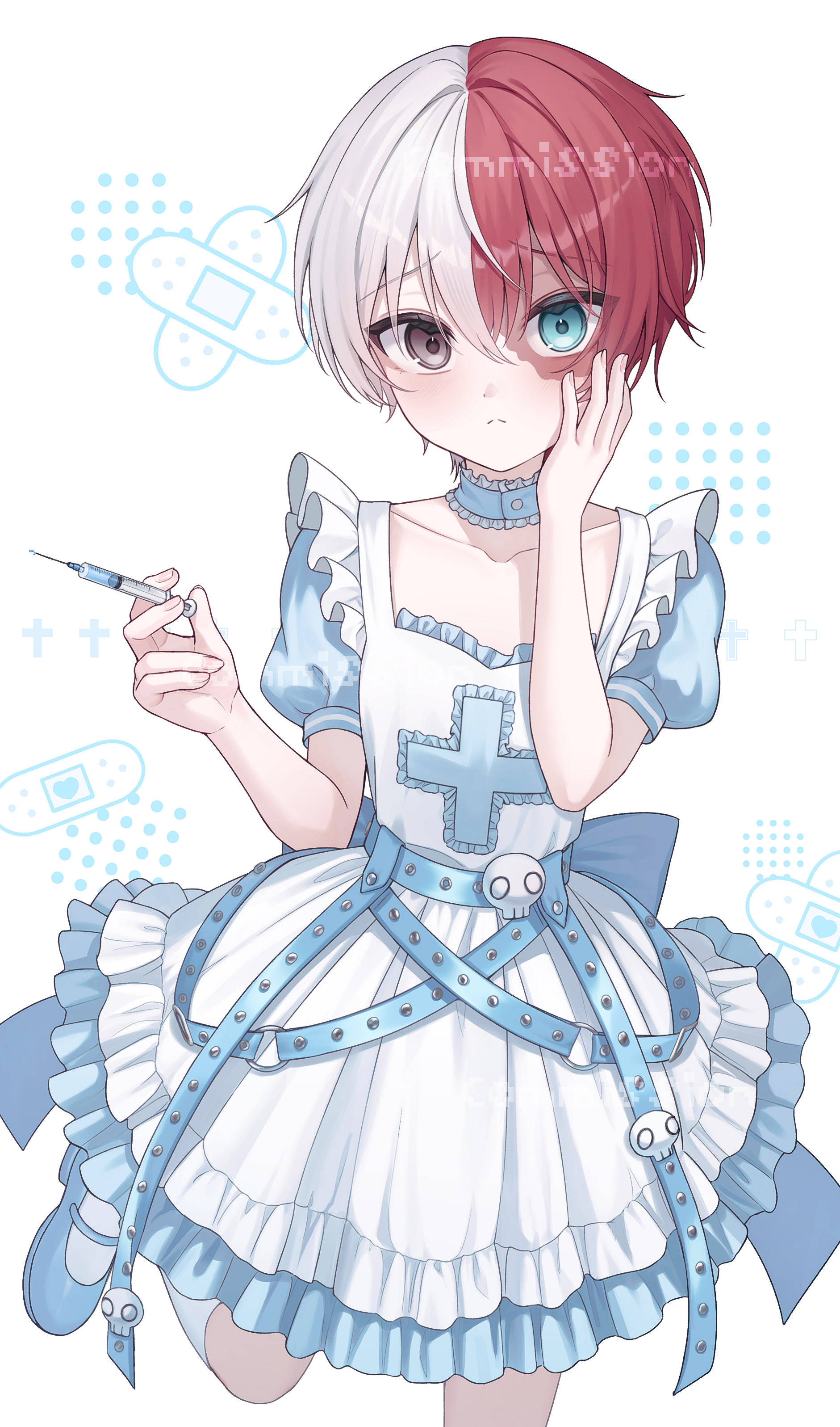 sarin (seoling), todoroki shoto, boku no hero academia, absurdres, commentary, commission, highres, 1boy, apron, blue eyes, burn scar, crossdressing, crossdressing (mtf), dress, grey dress, heterochromia, holding, holding syringe, looking at viewer, maid, male focus, multicolored hair, red hair, scar, scar on face, short hair, split-color hair, syringe, two-tone hair, white apron, white hair