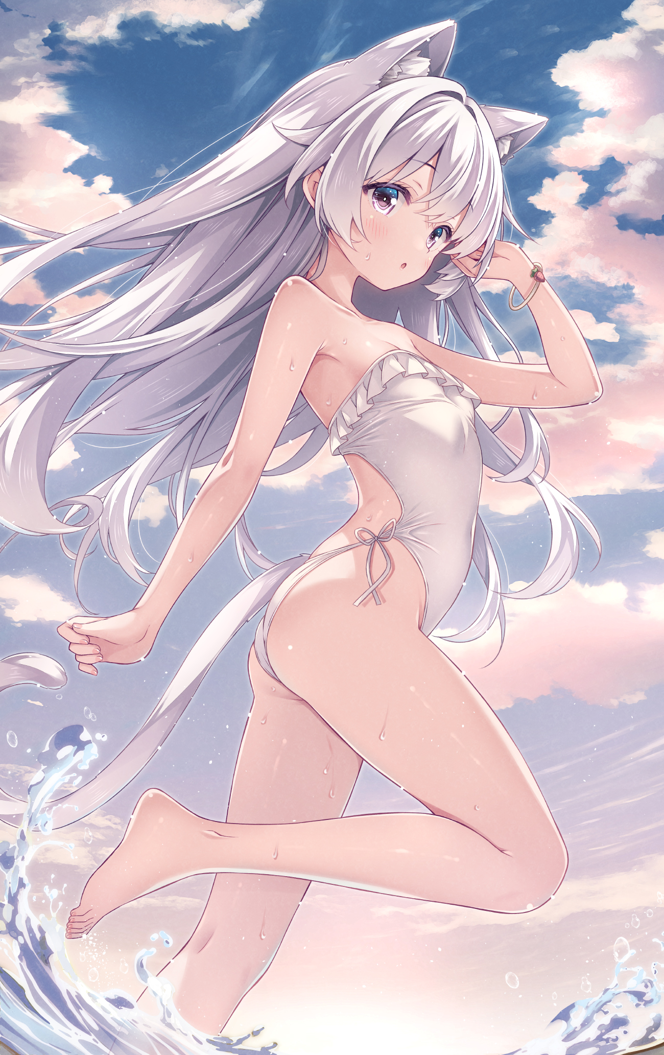 ryo (botugo), original, commentary request, highres, 1girl, :o, animal ear fluff, animal ears, bare arms, bare legs, barefoot, blue sky, bracelet, breasts, cat ears, feet, grey hair, hair between eyes, highleg, jewelry, long hair, looking at viewer, ocean, one-piece swimsuit, outdoors, parted lips, purple eyes, sidelocks, sky, small breasts, standing, swimsuit, toes, white one-piece swimsuit