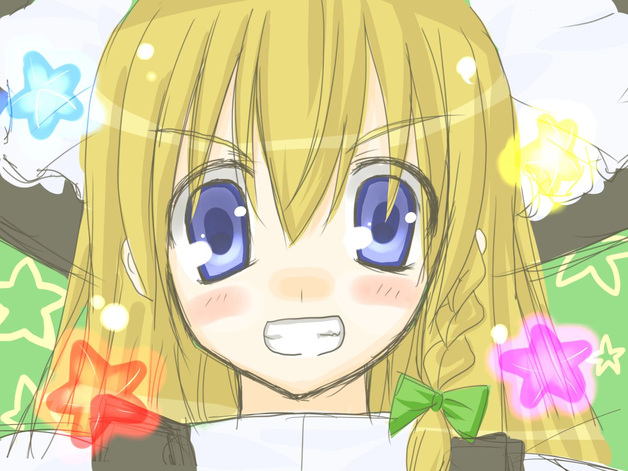 hiraga matsuri, hirasato, kirisame marisa, touhou, bad id, bad pixiv id, 1girl, blonde hair, blue eyes, braid, female focus, grin, hat, smile, solo, star (symbol), witch, witch hat