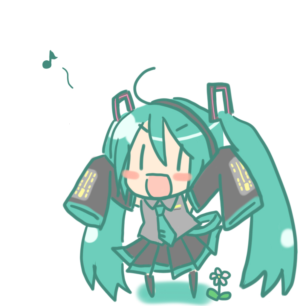 hiraga matsuri, hirasato, hatsune miku, vocaloid, 1girl, chibi, detached sleeves, female focus, flower, green hair, long hair, musical note, necktie, solo, twintails