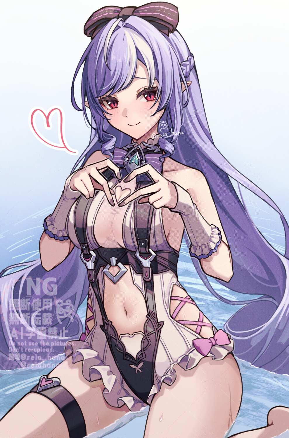 reia hana, vivian banshee, vivian banshee (iris of the shore), zenless zone zero, commentary request, highres, partial commentary, 1girl, backless swimsuit, bare shoulders, barefoot, black bow, black nails, blue gemstone, blush, bow, bowtie, closed mouth, clothing cutout, dress swimsuit, drill hair, four-finger heart hands, frilled one-piece swimsuit, frilled wrist cuffs, frills, gem, hair bow, heart, heart cutout, heart hands, long hair, looking at viewer, mole, mole under eye, navel, official alternate costume, one-piece swimsuit, pink bow, pink one-piece swimsuit, pointy ears, purple bow, purple bowtie, purple hair, see-through clothes, sideboob cutout, sitting, smile, solo, stomach, stomach cutout, swimsuit, thigh strap, twintails, twitter username, wariza, water, wrist cuffs