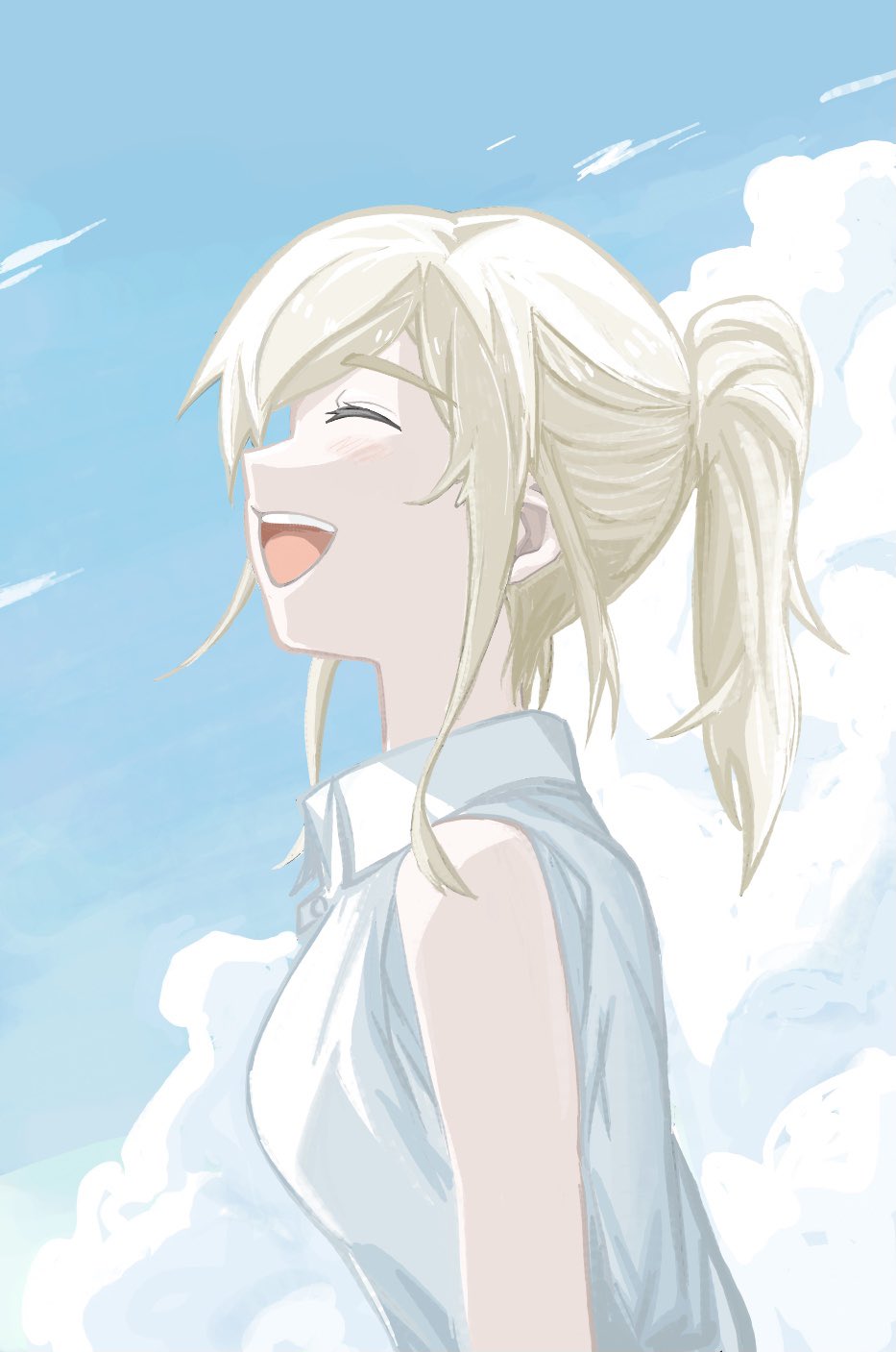 n nai nai n, kawaragi momoka, girls band cry, commentary request, highres, 1girl, blush, closed eyes, open mouth, ponytail, shirt, sidelocks, sleeveless, sleeveless shirt, solo, upper body, white shirt