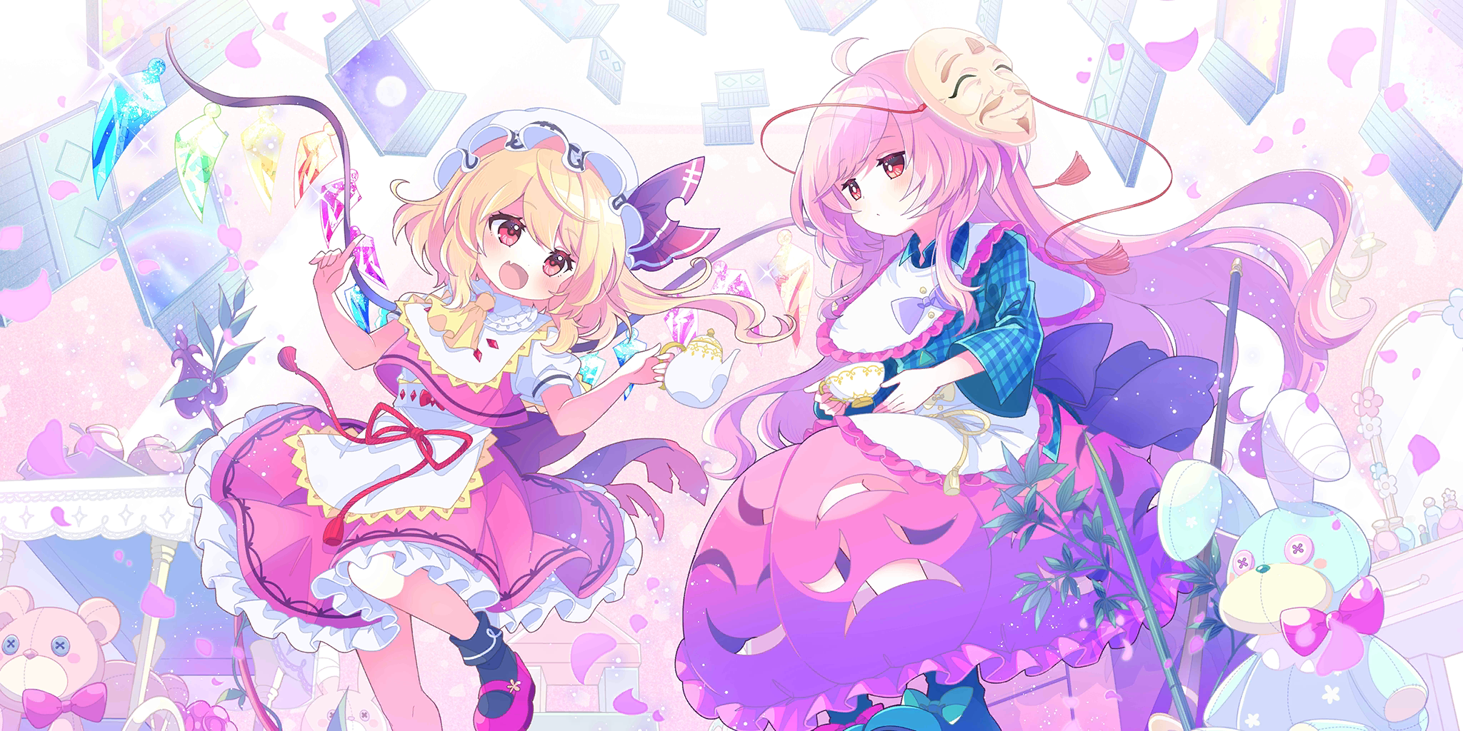 aruya (flosrota), flandre scarlet, flandre scarlet (psuedo-servant: nishita), hata no kokoro, hata no kokoro (pseudo-servant: teireita), nishida satono, teireida mai, touhou, touhou lostword, game cg, highres, official art, third-party source, 2girls, alternate costume, apron, aqua shirt, ascot, back bow, bamboo, black socks, blonde hair, bow, bubble skirt, cosplay, crystal, crystal wings, cup, falling petals, frilled skirt, frills, hat, holding, holding cup, holding teapot, laevatein (touhou), long hair, long sleeves, mask, mask on head, mob cap, multicolored wings, multiple girls, myouga (plant), naginata, nishida satono (cosplay), noh mask, okina mask, one side up, open mouth, petals, pink hair, pink petals, pink skirt, plaid clothes, plaid shirt, polearm, puffy short sleeves, puffy sleeves, red eyes, shirt, short sleeves, skirt, skirt cutout, smile, socks, stuffed animal, stuffed rabbit, stuffed toy, teacup, teapot, teddy bear, teireida mai (cosplay), very long hair, waist apron, weapon, white apron, white hat, wings, yellow ascot