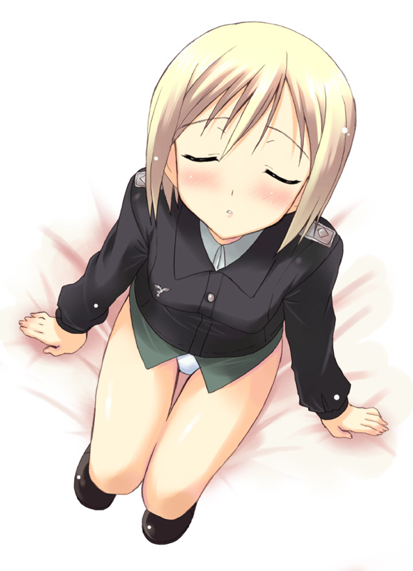 kyogoku shin, erica hartmann, strike witches, world witches series, 00s, 1girl, bed, bed sheet, blonde hair, blush, closed eyes, female focus, from above, incoming kiss, military, military uniform, on bed, petite, pov, short hair, sitting, solo, thighs