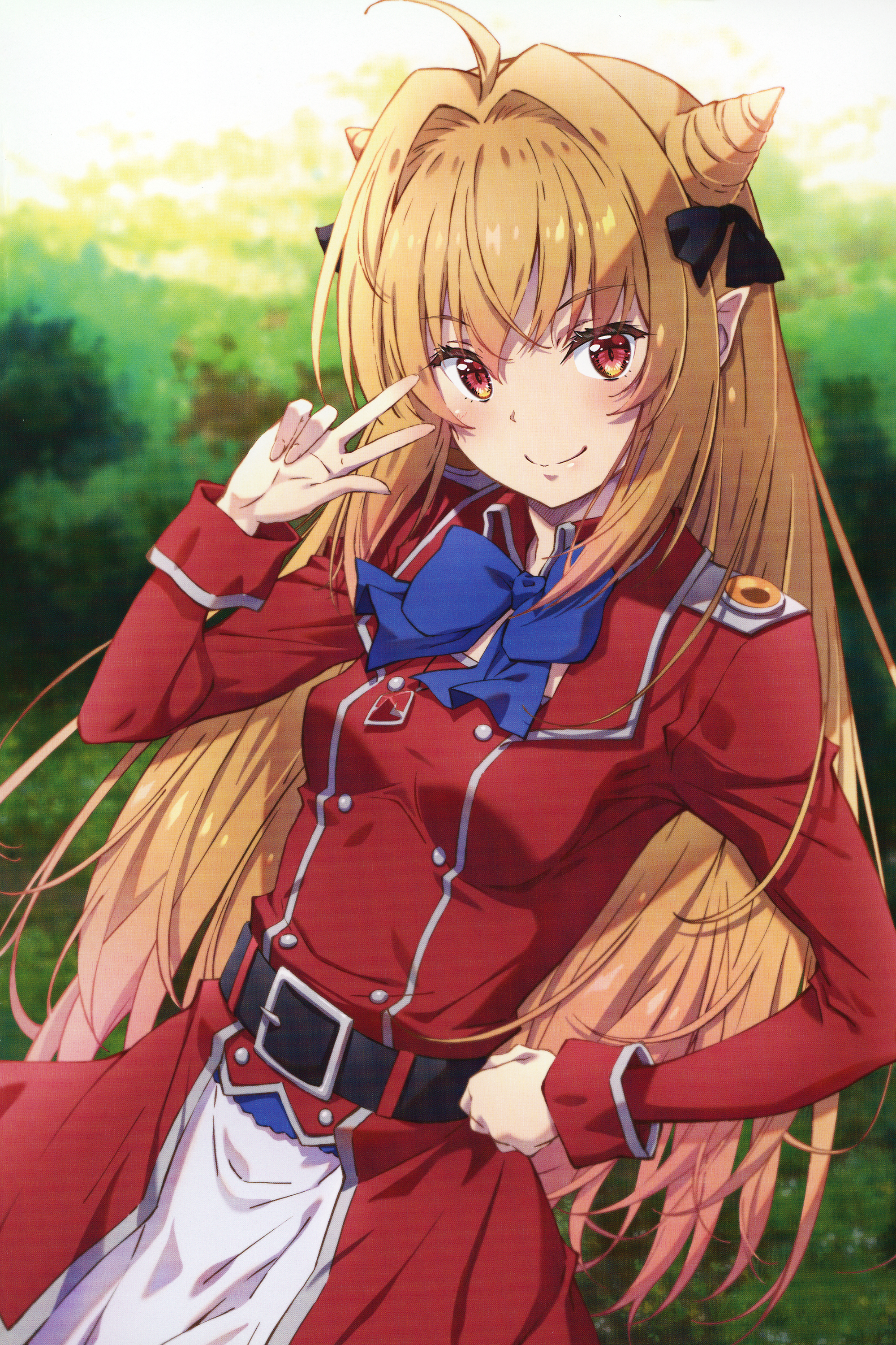 izumi mahiru, terakomari gandezblood, hikikomari kyuuketsuki no monmon, 1girl, blonde hair, blue bow, blue bowtie, blush, bowtie, breasts, closed mouth, dress, hand on own hip, long hair, looking at viewer, outdoors, pointy ears, red dress, red eyes, small breasts, smile, solo, w