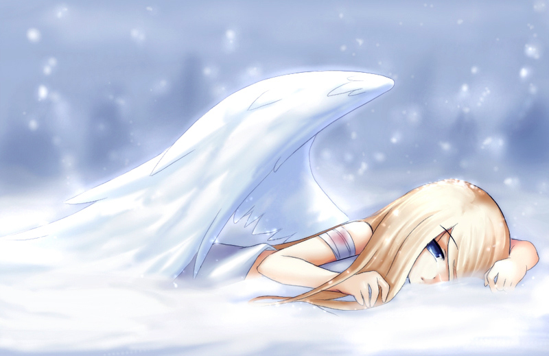 1girl, angel, bandages, blonde hair, blue eyes, female focus, injury, long hair, lying, snow, solo, wings