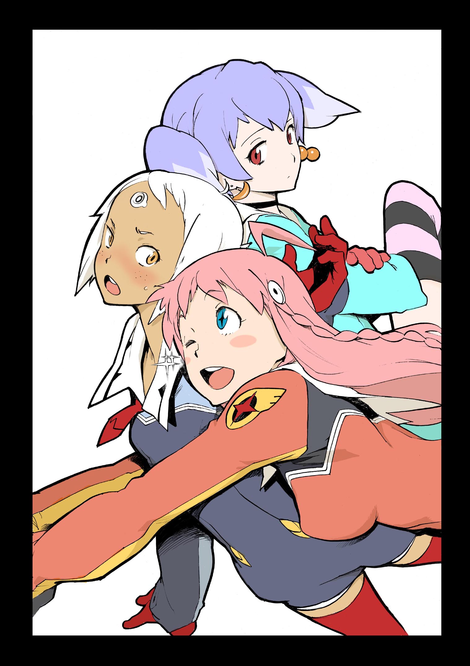 chiko, inoue kiyoshirou, lal'c mellk mal, nono (top wo nerae 2!), tycho science, top wo nerae! (series), top wo nerae 2!, striped legwear, highres, 00s, ahoge, blue eyes, blush, blush stickers, braid, crossed arms, dark-skinned female, dark skin, earrings, freckles, gloves, jewelry, multicolored hair, one eye closed, open mouth, orange eyes, pink hair, purple hair, red eyes, short hair, side braid, simple background, smile, sparkle, striped clothes, striped thighhighs, sweatdrop, thighhighs, twintails, two-tone hair, white hair, wink, zettai ryouiki