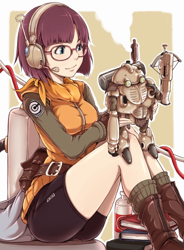 ina (gokihoihoi), lucca ashtear, robo (chrono trigger), chrono (series), chrono trigger, dragon ball, minimized, 1990s (style), 1girl, antennae, ass, backpack, bag, bike shorts, blue eyes, book, boots, bow (weapon), cable, capsule corp, crossbow, fanny pack, fingerless gloves, glasses, gloves, headphones, headset, knees up, patch, purple hair, randoseru, retro artstyle, robot, scarf, short hair, sitting, smile, socks, spandex, steam, weapon