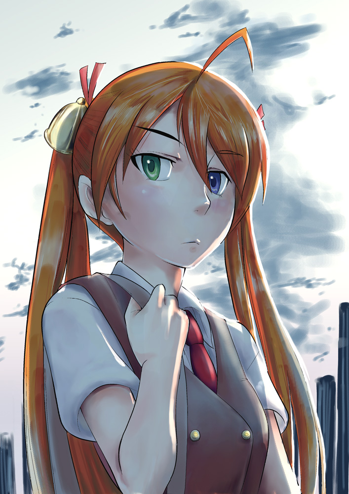 dak, kagurazaka asuna, mahou sensei negima!, 00s, 1girl, ahoge, bell, cloud, female focus, hair ribbon, heterochromia, long hair, orange hair, outdoors, ribbon, school uniform, sky, solo, twintails, upper body, very long hair