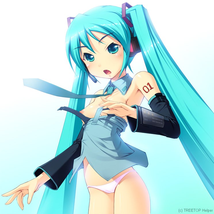 munashi mujou, hatsune miku, vocaloid, 1girl, aqua eyes, aqua hair, breasts, cameltoe, detached sleeves, female focus, headphones, long hair, lowleg, lowleg panties, microphone, necktie, nipples, no pants, panties, small breasts, solo, twintails, underwear, very long hair, wardrobe malfunction
