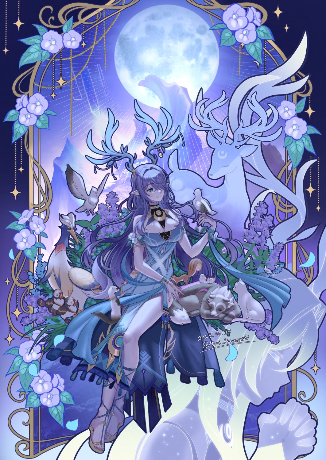 karanashi mari, lauma (genshin impact), genshin impact, commentary request, highres, making-of available, 1girl, antler ornament, antlers, bare shoulders, bird, bird on hand, blue dress, blue eyes, blue hair, breasts, cat, dated, deer antlers, dress, flower, full body, hair over one eye, hand up, horns, large breasts, long hair, looking at animal, parted lips, pointy ears, sitting, sleeveless, sleeveless dress, solo, squirrel, twitter username, very long hair, white cat