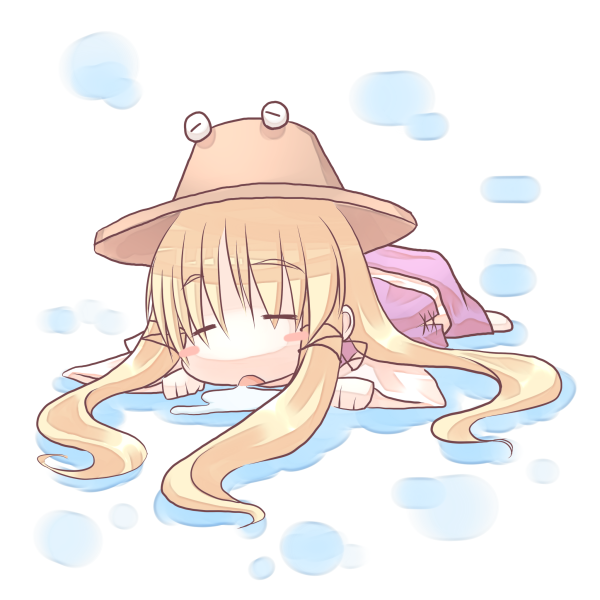hiraga matsuri, hirasato, moriya suwako, touhou, 1girl, blonde hair, blush stickers, chibi, closed eyes, female focus, hat, long hair, lying, on stomach, saliva, sleeping, solo