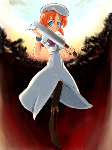 satogo, ryuuguu rena, higurashi no naku koro ni, bad id, bad pixiv id, 00s, 1girl, billhook, blue eyes, boots, bow, crazy eyes, dress, female focus, hashitsuki nata, hat, hatchet, knee boots, nata (tool), orange hair, solo, thighhighs, wristband