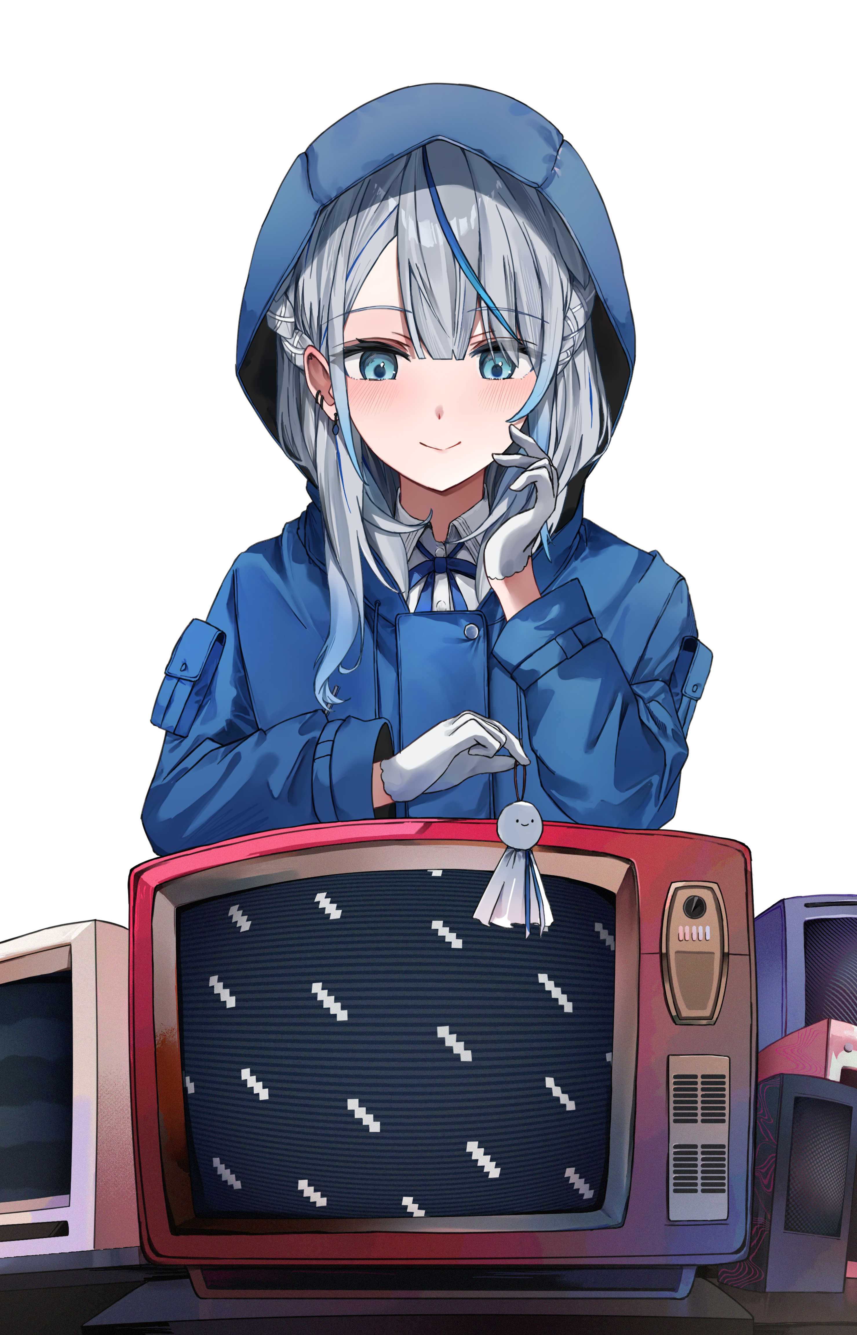 tomone43, amagai ruka, weather planet, absurdres, highres, 1girl, blue eyes, blue hair, blue raincoat, blue ribbon, braid, breasts, buttons, ear piercing, gloves, grey hair, hair between eyes, holding, long sleeves, looking down, multicolored hair, piercing, pocket, raincoat, ribbon, shirt, simple background, smile, solo, television, virtual youtuber, white background, white gloves, white shirt