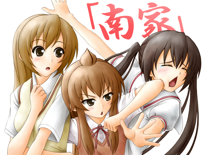 satogo, minami chiaki, minami haruka, minami kana, minami-ke, bad id, bad pixiv id, 00s, 3girls, ahoge, brown eyes, brown hair, chestnut mouth, long hair, multiple girls, school uniform, siblings, sisters, twintails