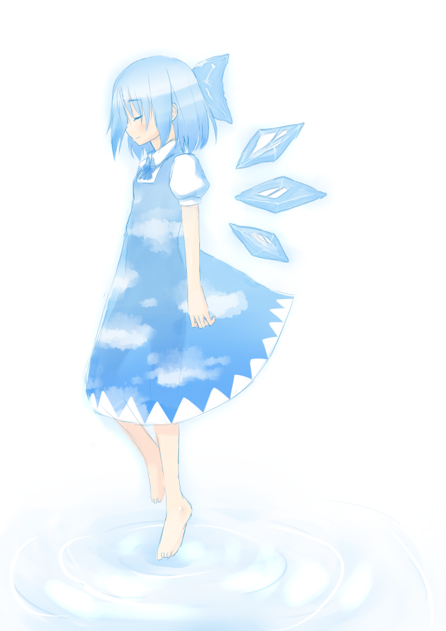 hiraga matsuri, hirasato, cirno, embodiment of scarlet devil, touhou, 1girl, barefoot, blue hair, closed eyes, feet, female focus, floating, ripples, see-through clothes, short hair, sky print, solo, water, wings