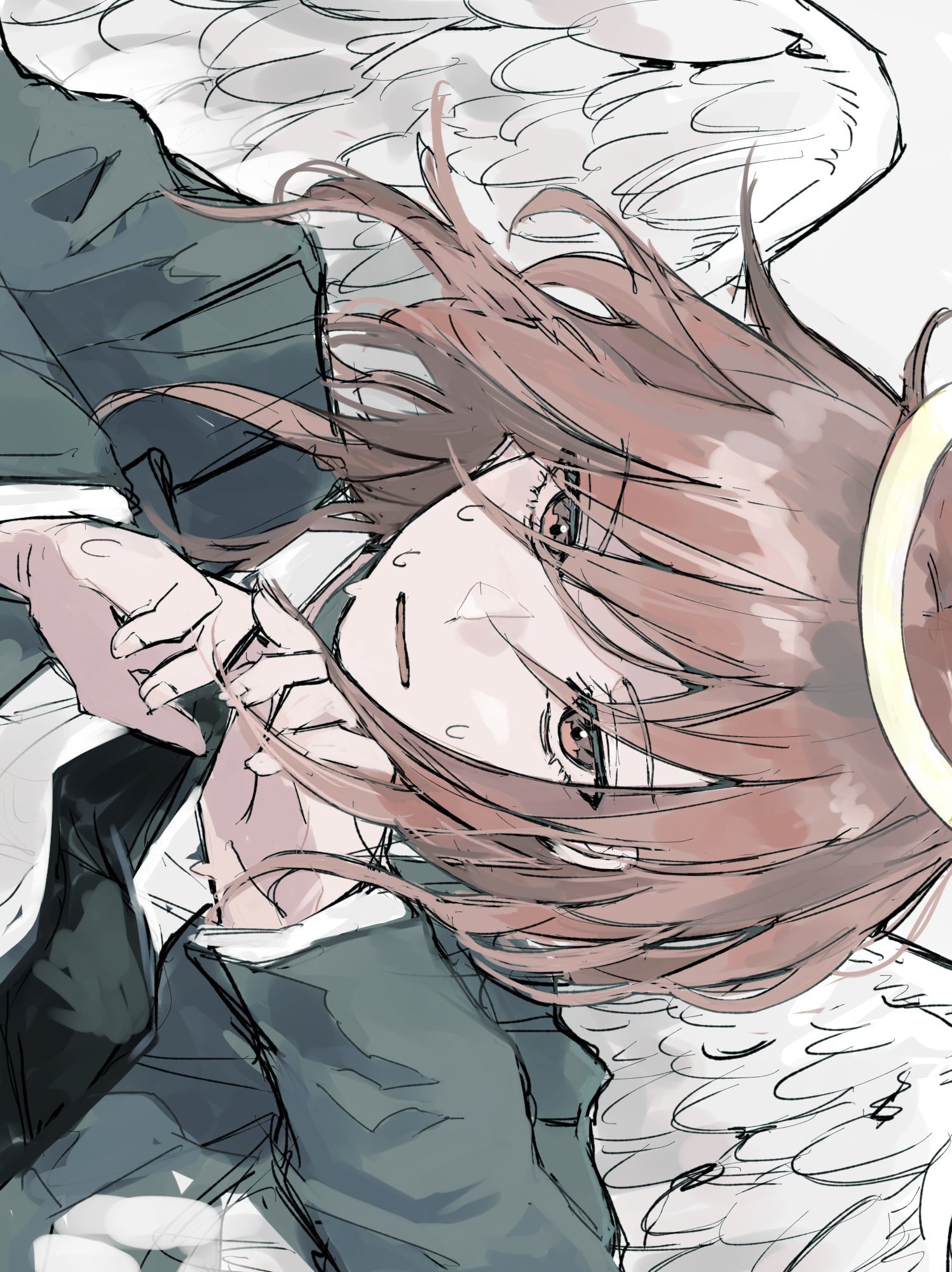 angel devil (chainsaw man), chainsaw man, commentary request, highres, 1boy, angel wings, black necktie, halo, iiiixxxx x, jacket, looking at viewer, male focus, necktie, red eyes, red hair, sideways, solo, suit jacket, traditional halo, upper body, white wings, wings, yellow halo