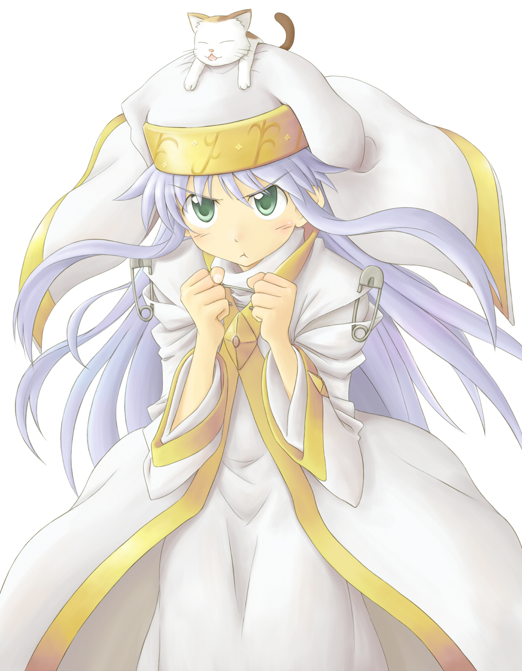 satogo, index (toaru majutsu no index), sphinx (to aru majutsu no index), sphinx (toaru majutsu no index), toaru majutsu no index, highres, 00s, 1girl, :t, blue hair, calico (pattern), calico cat, cat, female focus, green eyes, hat, long hair, pout, robe, safety pin, solo