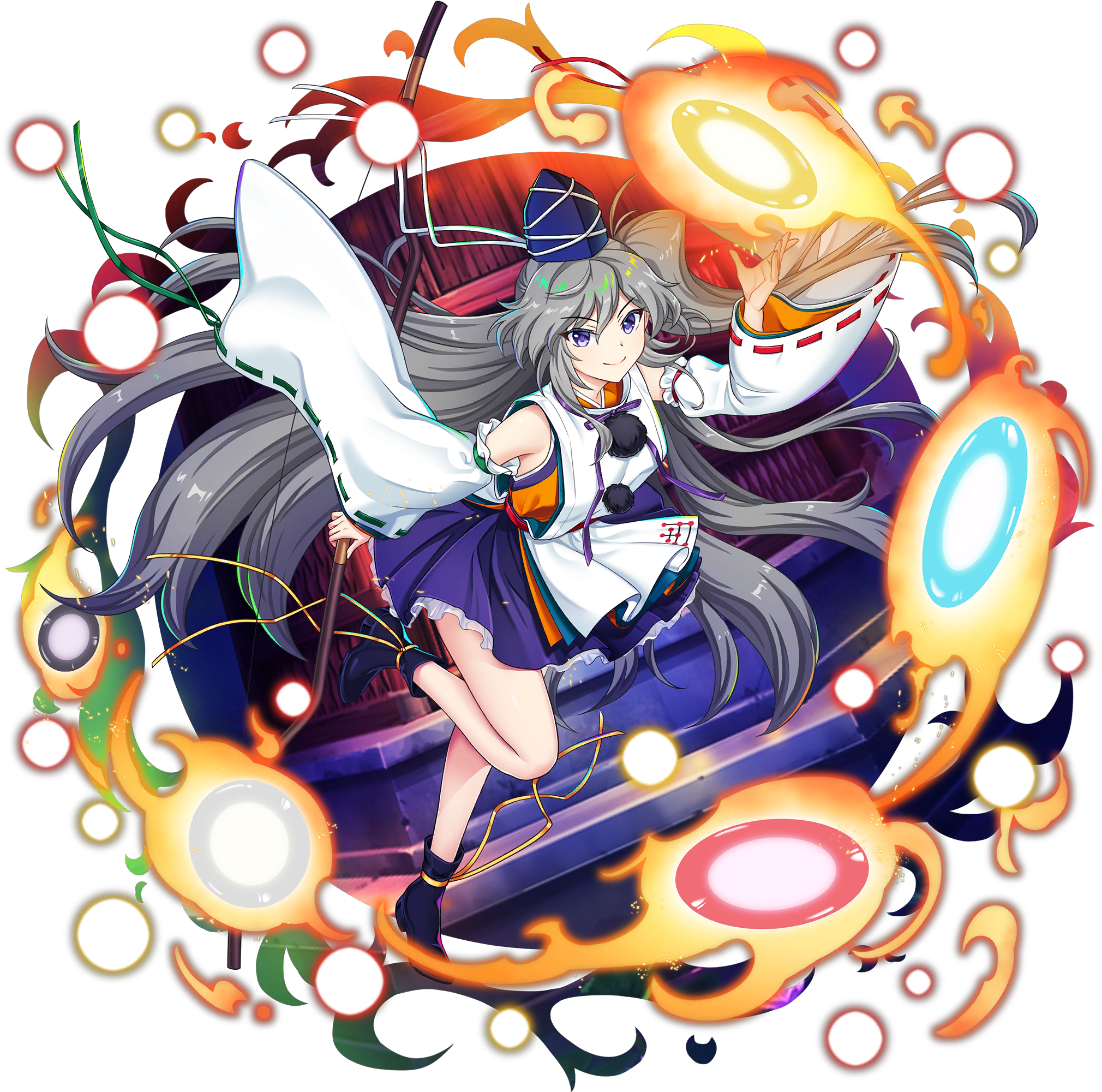 rotte (1109), mononobe no futo, touhou, touhou lostword, game cg, highres, official art, third-party source, 1girl, aged up, alternate hair length, alternate hairstyle, boots, bow (weapon), closed mouth, danmaku, detached sleeves, grey hair, hat, holding, holding bow (weapon), holding weapon, japanese clothes, kariginu, leg up, long hair, looking at viewer, pom pom (clothes), purple boots, purple eyes, ribbon-trimmed sleeves, ribbon trim, smile, solo, tate eboshi, transparent background, very long hair, weapon, wide sleeves