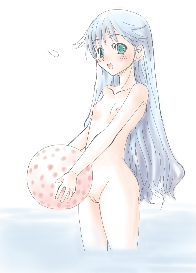kazuitsutsu, romu, index (toaru majutsu no index), toaru majutsu no index, bad id, bad pixiv id, 00s, 1girl, ball, beachball, blue hair, cleft of venus, completely nude, cowboy shot, female focus, flat chest, green eyes, loli, long hair, nipples, nude, pussy, smile, solo, uncensored, water