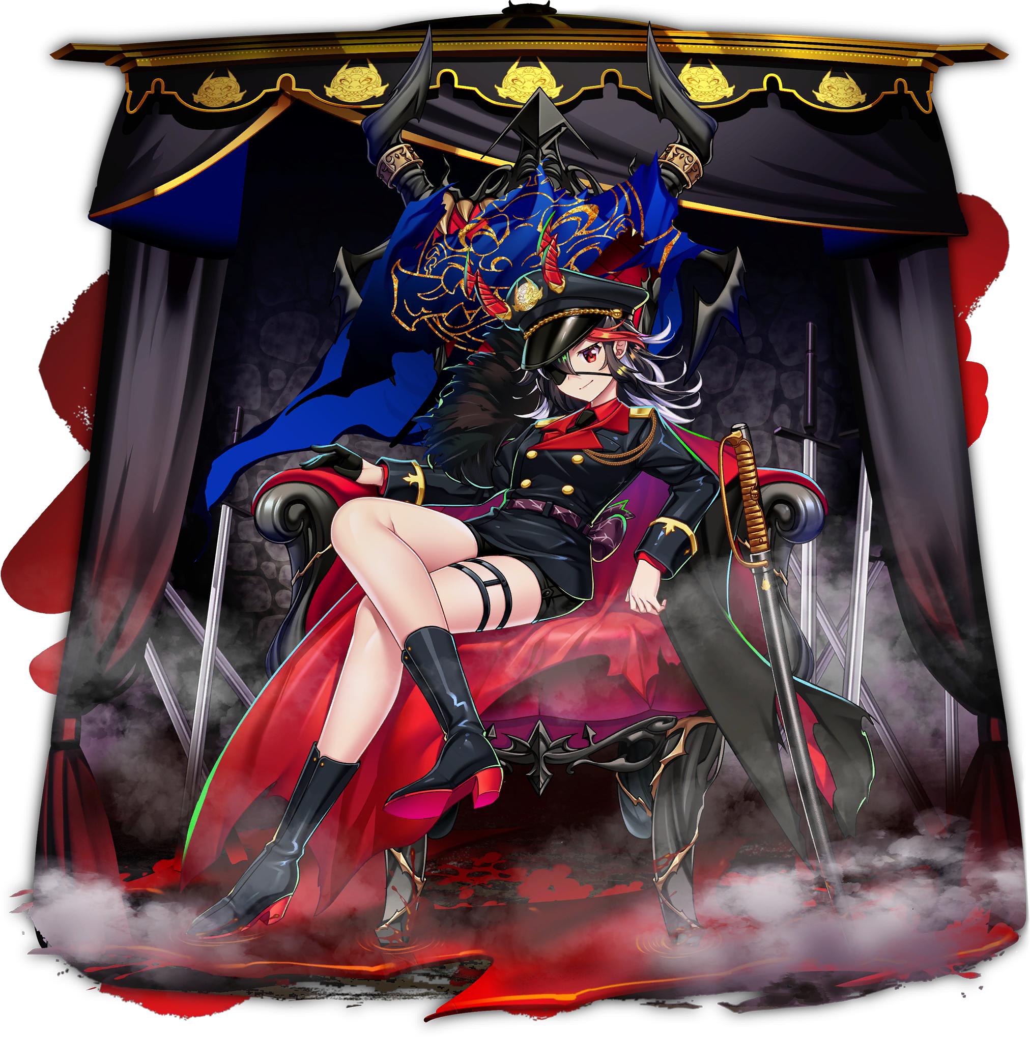 rotte (1109), kijin seija, touhou, touhou lostword, game cg, highres, official art, third-party source, 1girl, alternate costume, black boots, black gloves, black hair, black hat, black jacket, black necktie, black shorts, blood, boots, buttons, closed mouth, collared shirt, colored shoe soles, crossed legs, double-breasted, emblem, eyepatch, gloves, grey hair, half gloves, hat, high heel boots, high heels, jacket, long hair, long sleeves, looking at viewer, multicolored hair, necktie, planted, planted sword, planted weapon, pool of blood, red eyes, red hair, red shirt, sheath, sheathed, shirt, shoe soles, shorts, single glove, sitting, sitting on throne, smile, solo, streaked hair, sword, thigh strap, throne, transparent background, unsheathed, weapon