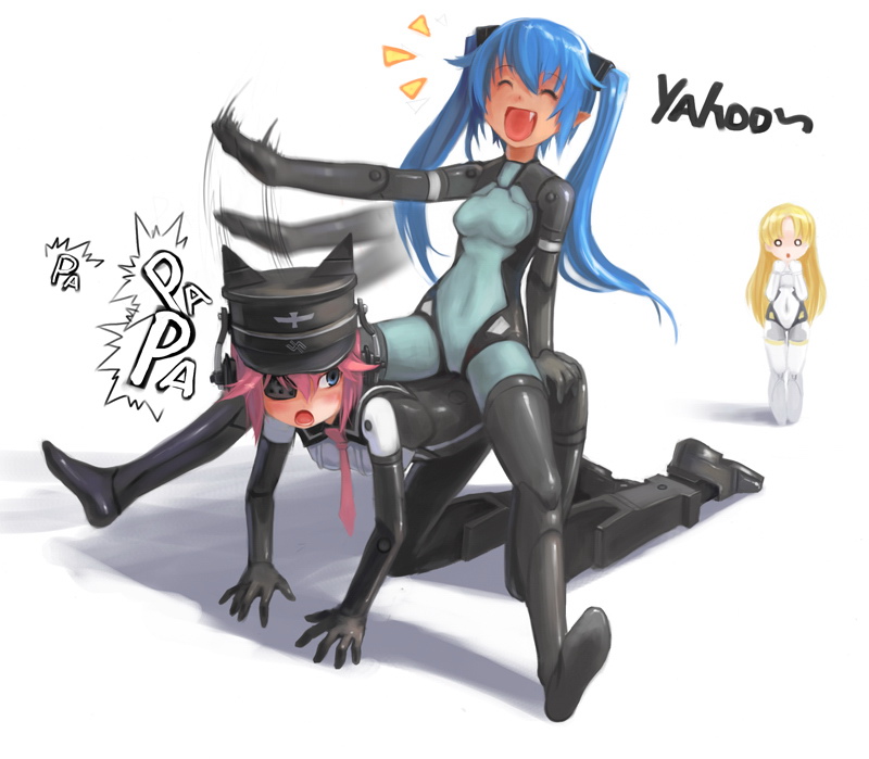 arnval, murmeltier, strarf, busou shinki, bad id, bad pixiv id, 10s, blonde hair, blue hair, doll joints, eyepatch, fang, hat, joints, laughing, necktie, o o, pink hair, riding, sitting, thighhighs, twintails
