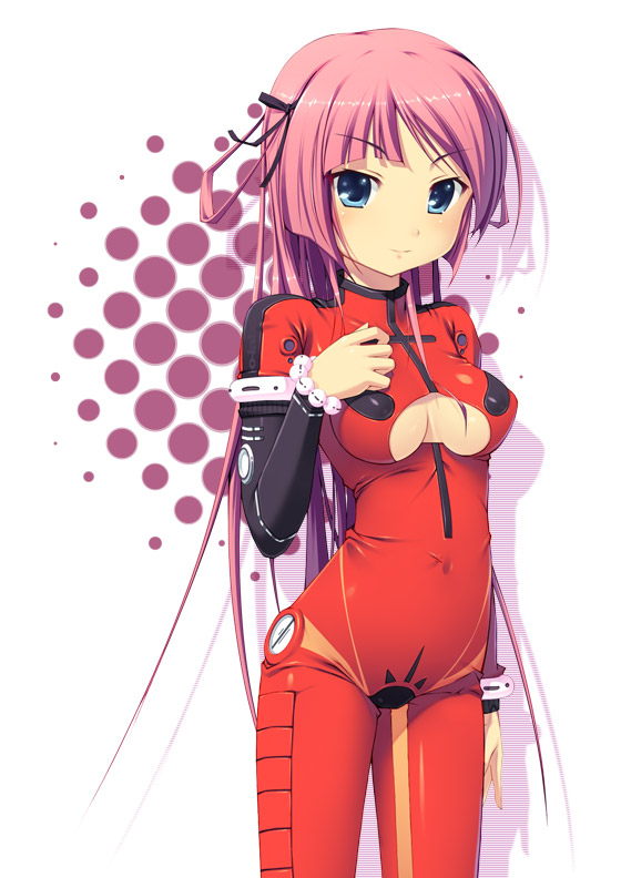munashi mujou, original, 1girl, blue eyes, bodysuit, bracelet, breasts, cleavage cutout, clothing cutout, female focus, hair ribbon, jewelry, large breasts, long hair, pink hair, ribbon, solo, underboob