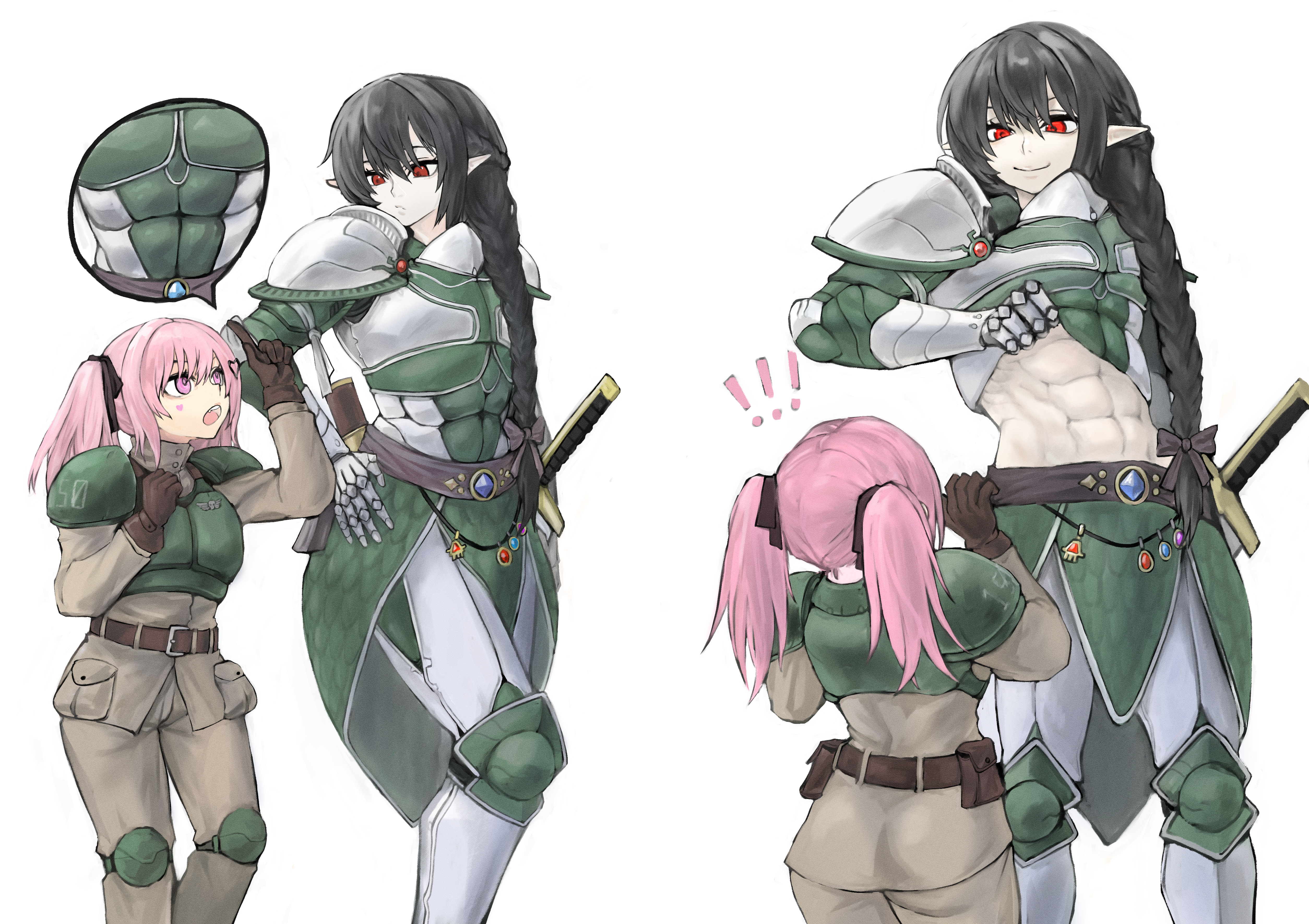 jo p, astra militarum, eldar, warhammer 40k, absurdres, commission, highres, abs, armor, black hair, braid, elf, height difference, long hair, military uniform, muscular, muscular female, pink eyes, pink hair, pointy ears, power armor, red hair, smile, tall female, yuri