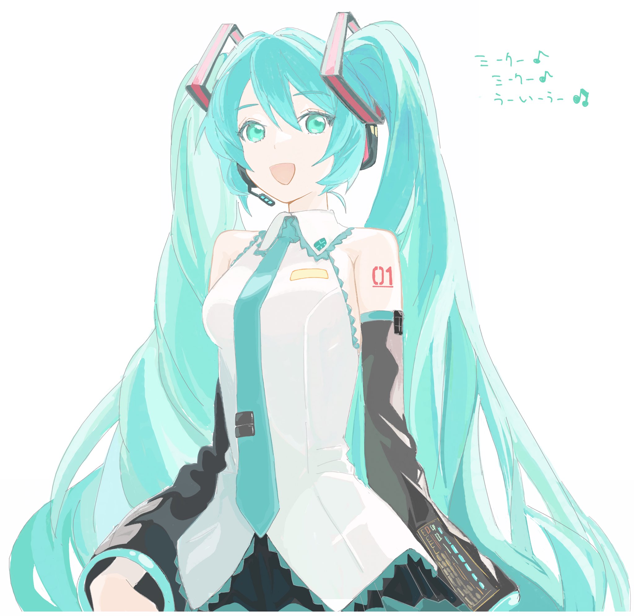 n nai nai n, hatsune miku, vocaloid, commentary request, highres, translation request, 1girl, aqua eyes, aqua hair, aqua necktie, breasts, detached sleeves, dress, hair between eyes, headphones, long hair, long sleeves, looking at viewer, medium breasts, microphone, necktie, oekaki, open mouth, shirt, simple background, sleeveless, sleeveless shirt, solo, twintails, white background, white shirt