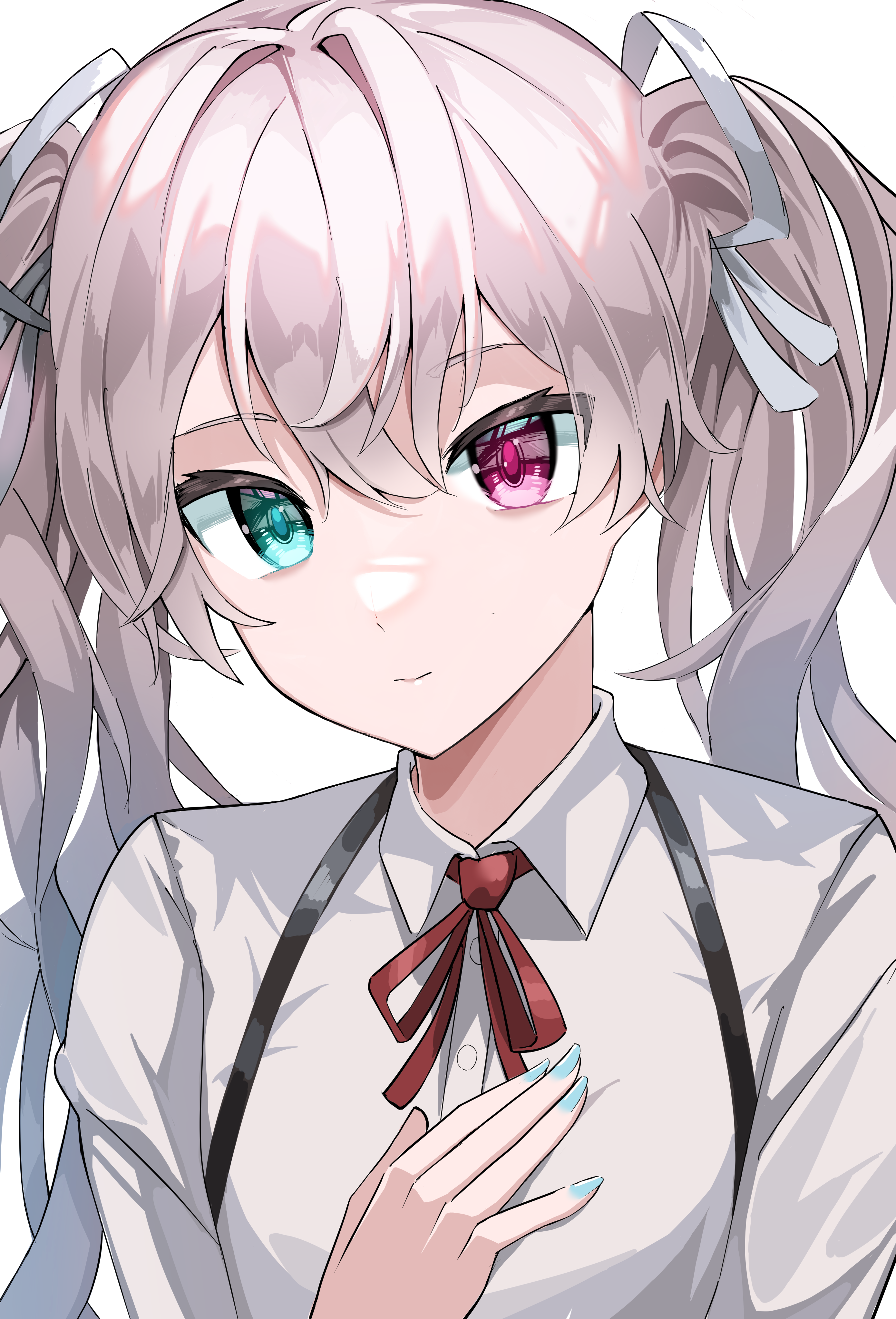 tamakage (zeeh7854), 25-ji miku, hatsune miku, 25-ji nightcord de. (project sekai), project sekai, vocaloid, absurdres, highres, 1girl, aqua eyes, aqua nails, breasts, collared shirt, grey hair, hair ornament, hair ribbon, hand on own chest, heterochromia, long hair, looking at viewer, medium breasts, pink eyes, red ribbon, ribbon, shirt, solo, twintails, very long hair, white shirt