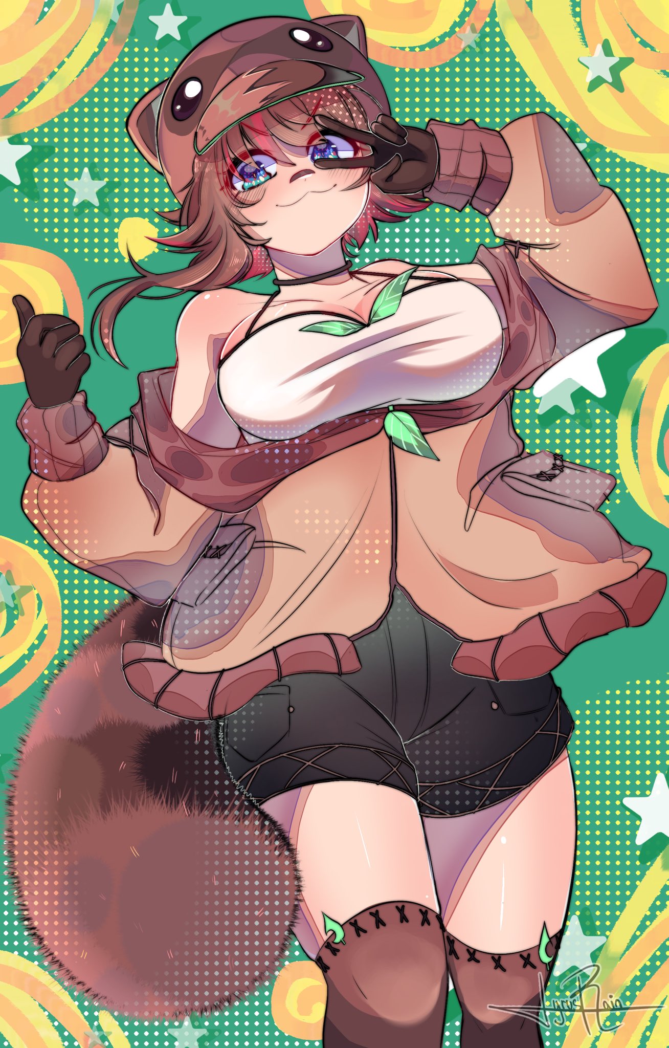rakkun sutaru, rakkun sutaru (2nd costume), owozu, commentary, highres, >:), 1girl, :3, animal ears, arms up, bandaid, bandaid on face, bandaid on nose, bare shoulders, black shorts, blue eyes, blush, breasts, brown gloves, brown hair, brown jacket, brown tail, brown thighhighs, camisole, cleavage, colored tips, colorful background, eyes visible through hair, gloves, green background, halftone, halterneck, hand up, hat, hat with ears, high-waist shorts, jacket, long sleeves, looking at viewer, lyrus rain, multicolored hair, newsboy cap, off shoulder, puffy long sleeves, puffy sleeves, raccoon ears, raccoon girl, raccoon hat, raccoon tail, red hair, shirt, short hair, shorts, signature, spanish commentary, sparkling eyes, streaked hair, striped tail, tail, taut clothes, taut shirt, thighhighs, thumbs up, two-tone hair, v, v-shaped eyebrows, v over eye, virtual youtuber, white camisole